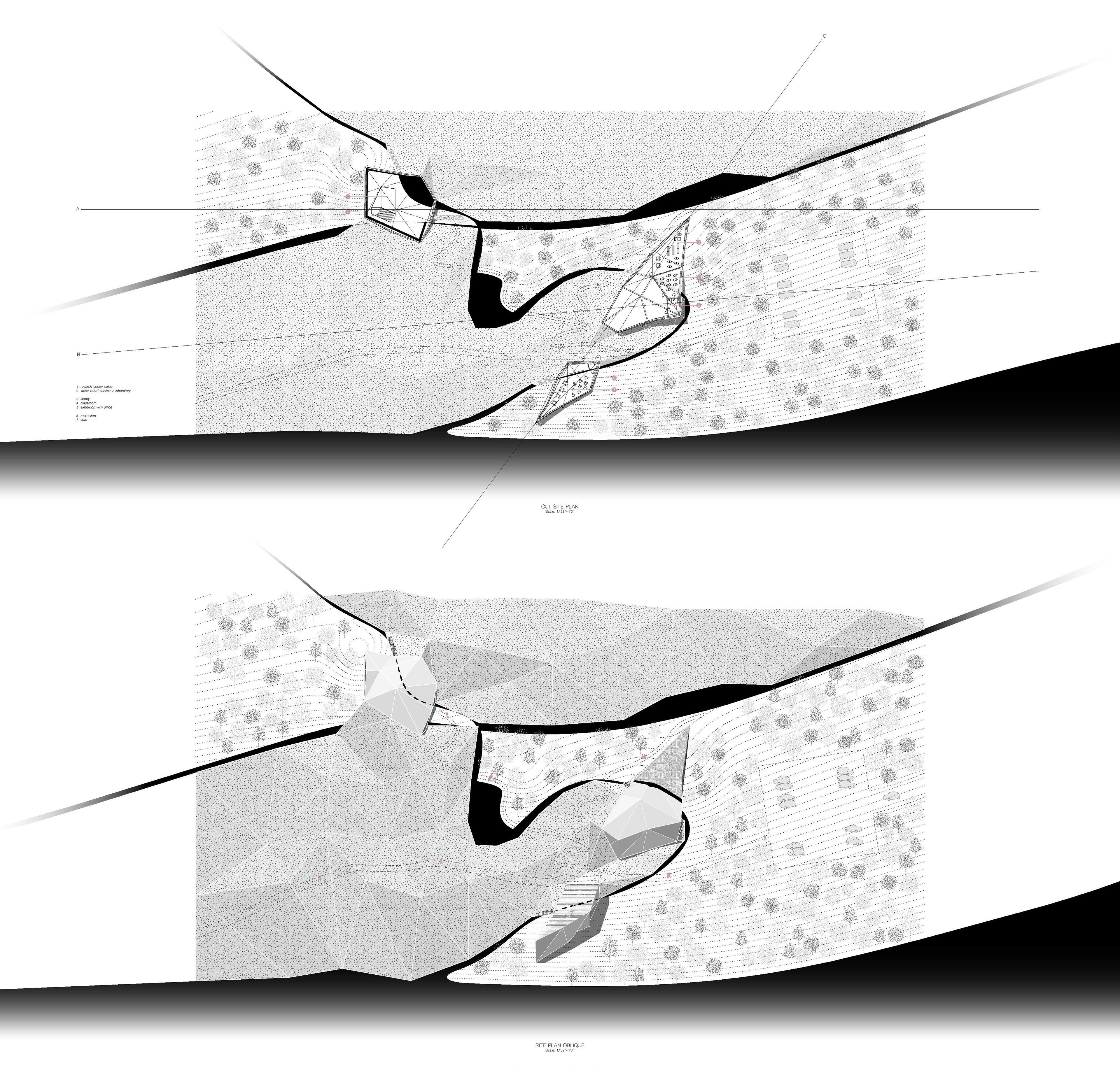 cut site plan (top) & site plan oblique (bottom)
