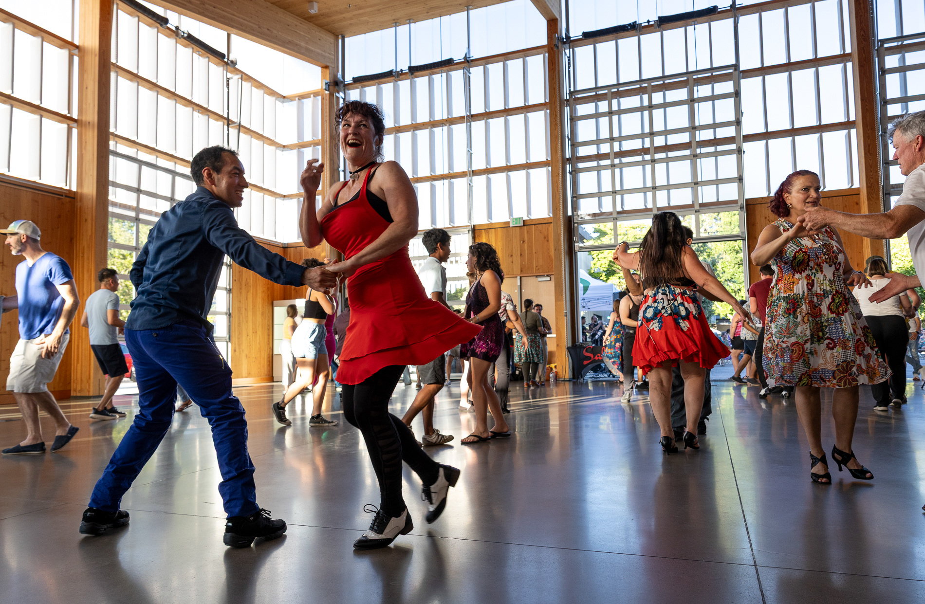 People dance at "Salsa at the Plaza" on June 29, 2025. The event—presented by Salseros Productions and Eugene Cultural Services—featured live music, performances, dance lessons and more. | Shot for Emerald Media Group | 1/250 f/5.6 ISO800