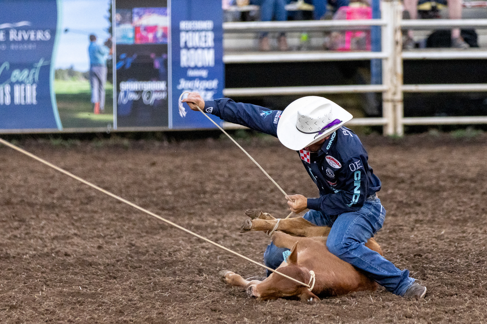 A cowboy competes in the tie-down roping event at the Eugene Pro Rodeo on July 3, 2025. The night's theme was "Tough Enough To Wear Pink," a campaign promoting breast cancer awareness.