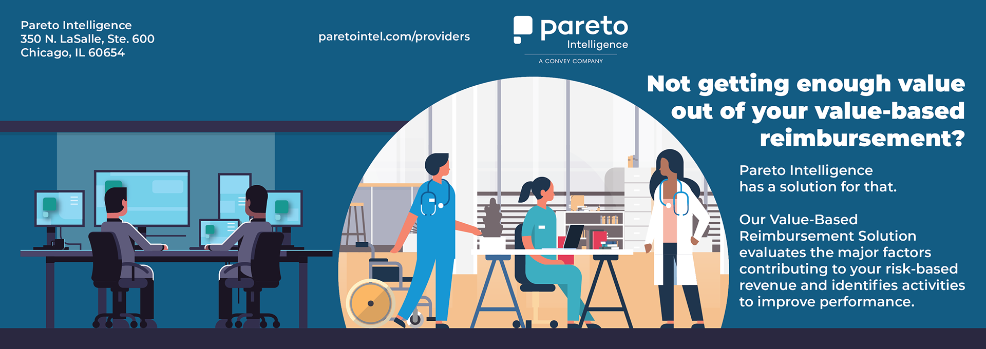 Pareto for Providers exploding page direct mailer, outside.