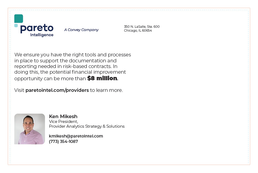 Pareto for Providers direct mail postcard, back.