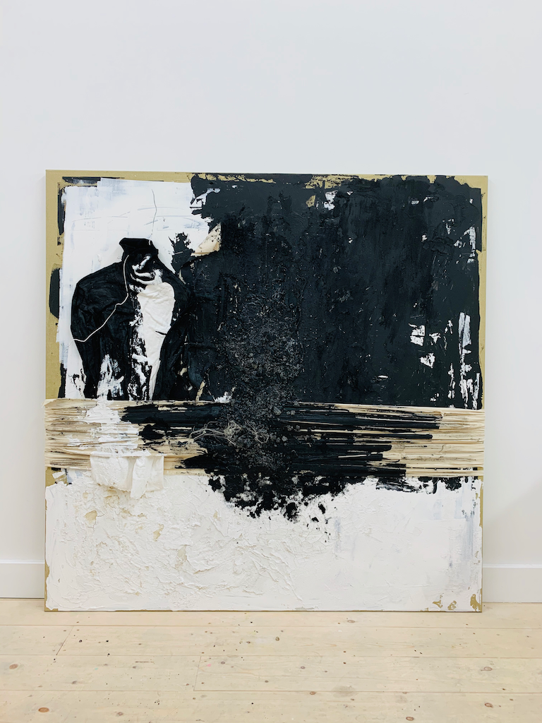 Unknown and untitled #3 Acrylic, Sand, Plaster, Garment on canvas.  140 x 150 x2cm