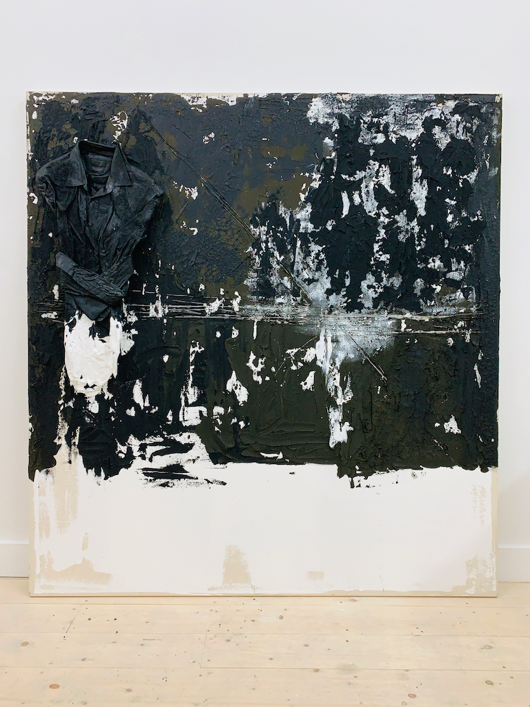 Unknown and untitled #1. Acrylic, Sand, Plaster, Garment on canvas.  150 x 160 x3cm