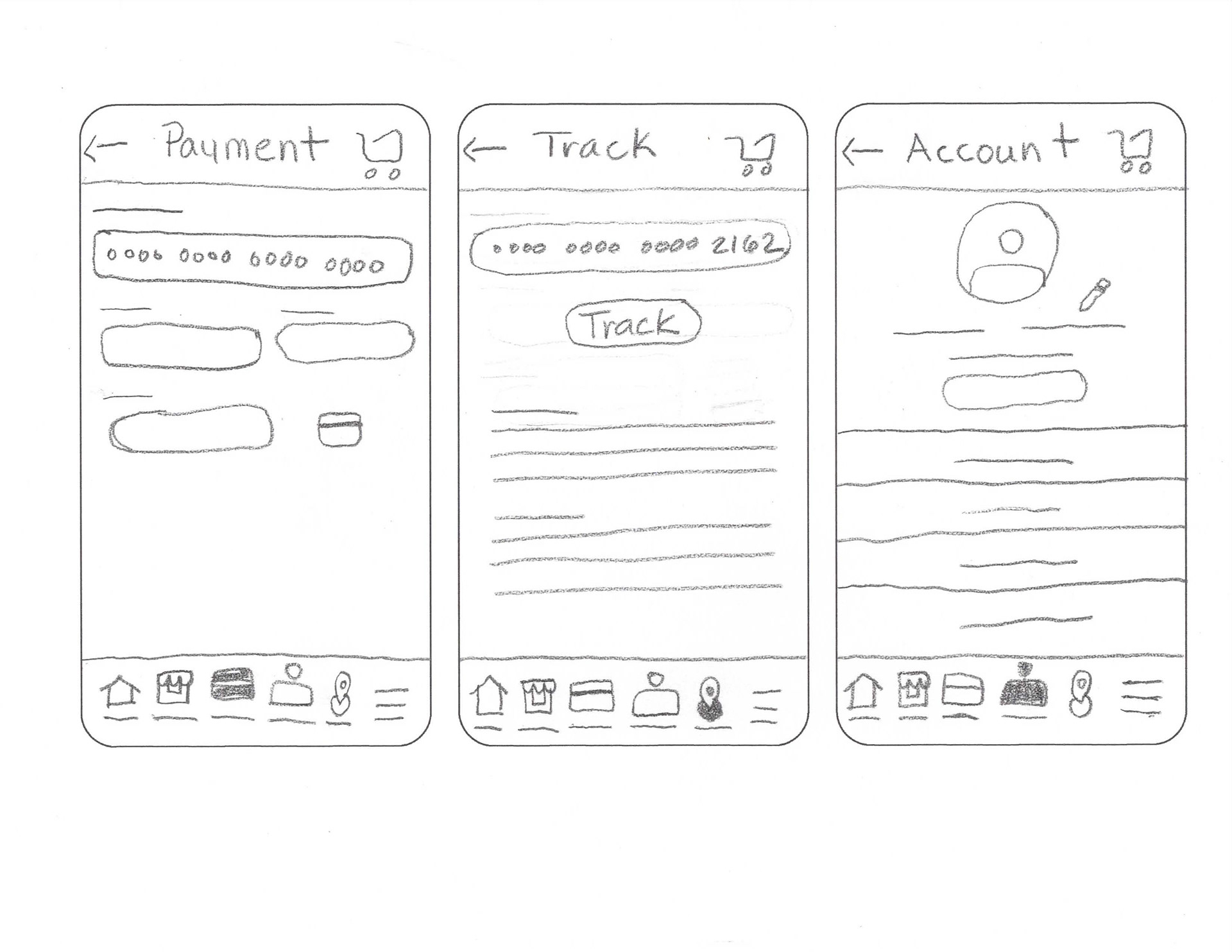 Payment, Tracking and Account paper wireframes