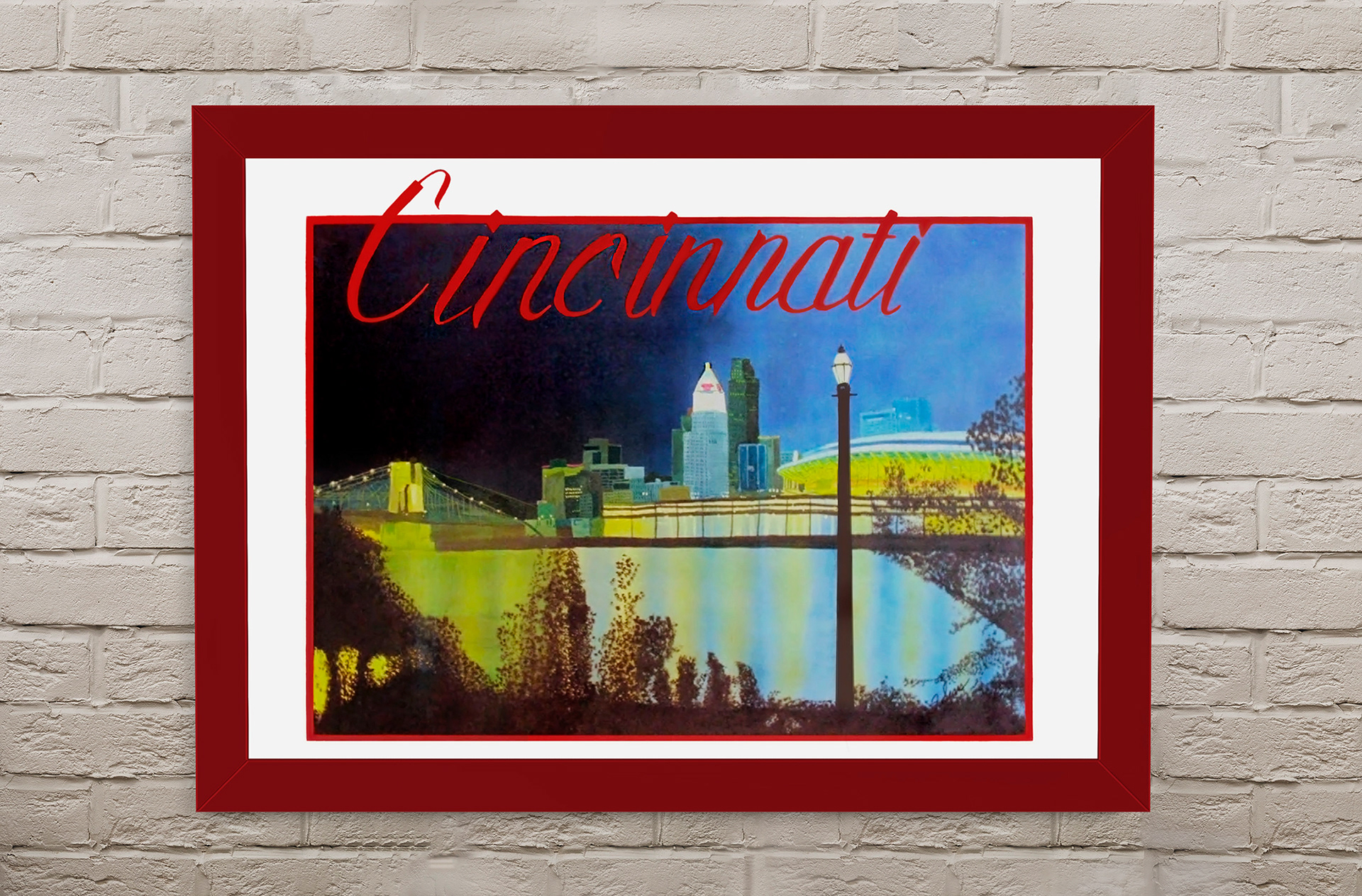 Cincinnati Skyline | Personal Project hanging on brick wall
