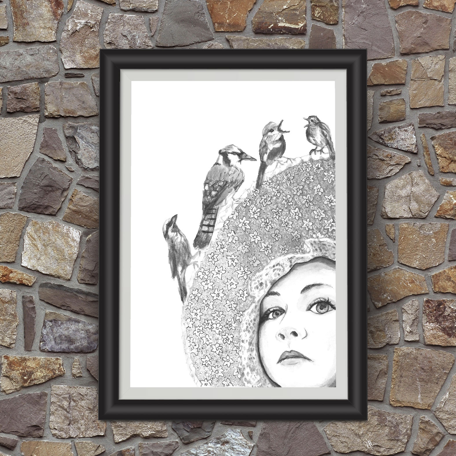 Bird Bonnet | Editorial Illustration hanging in frame on stone wall