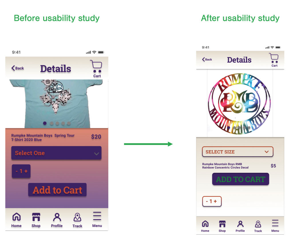 Digital mockups of Details screen before and after usability study