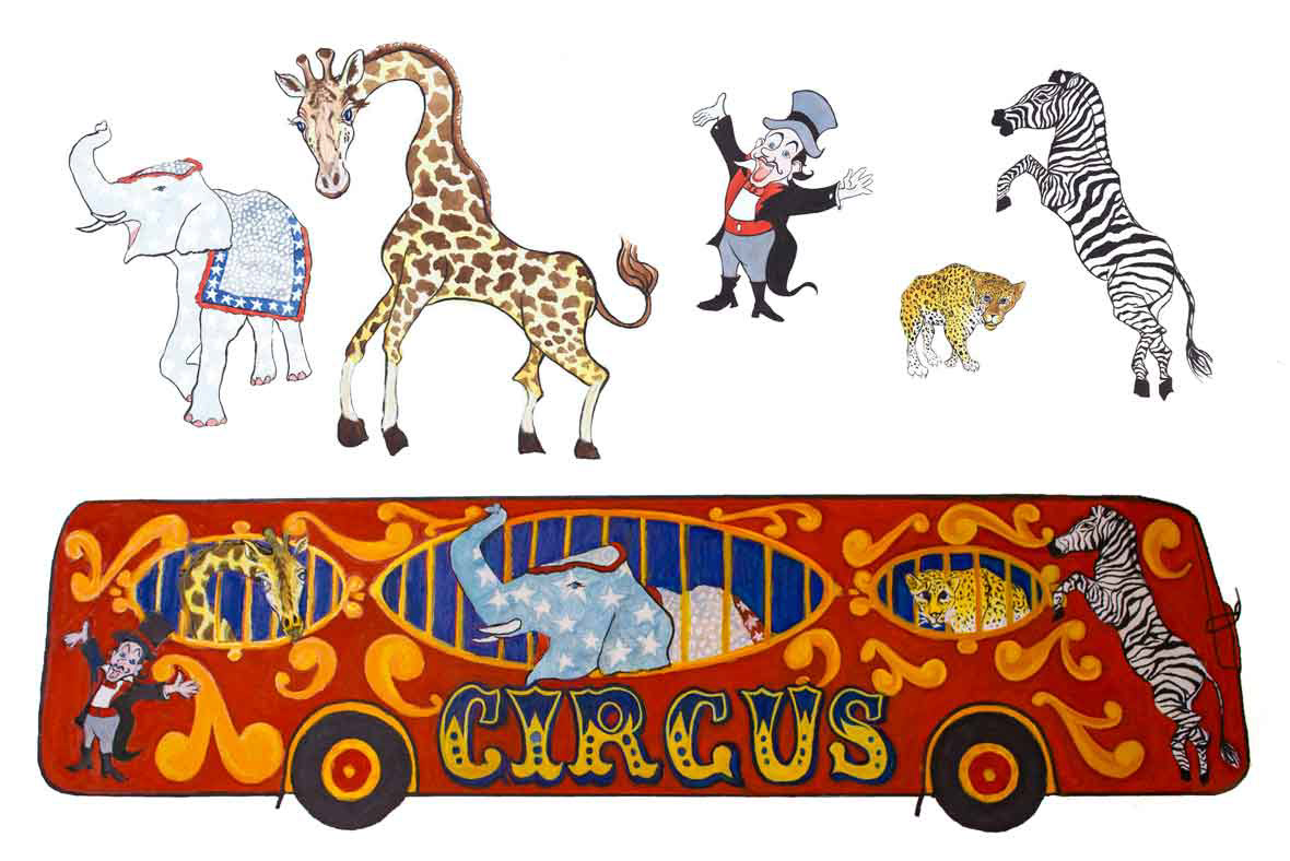 Gouache painting of Circus Bus and elephant, giraffe, ringmaster, leopard and zebra