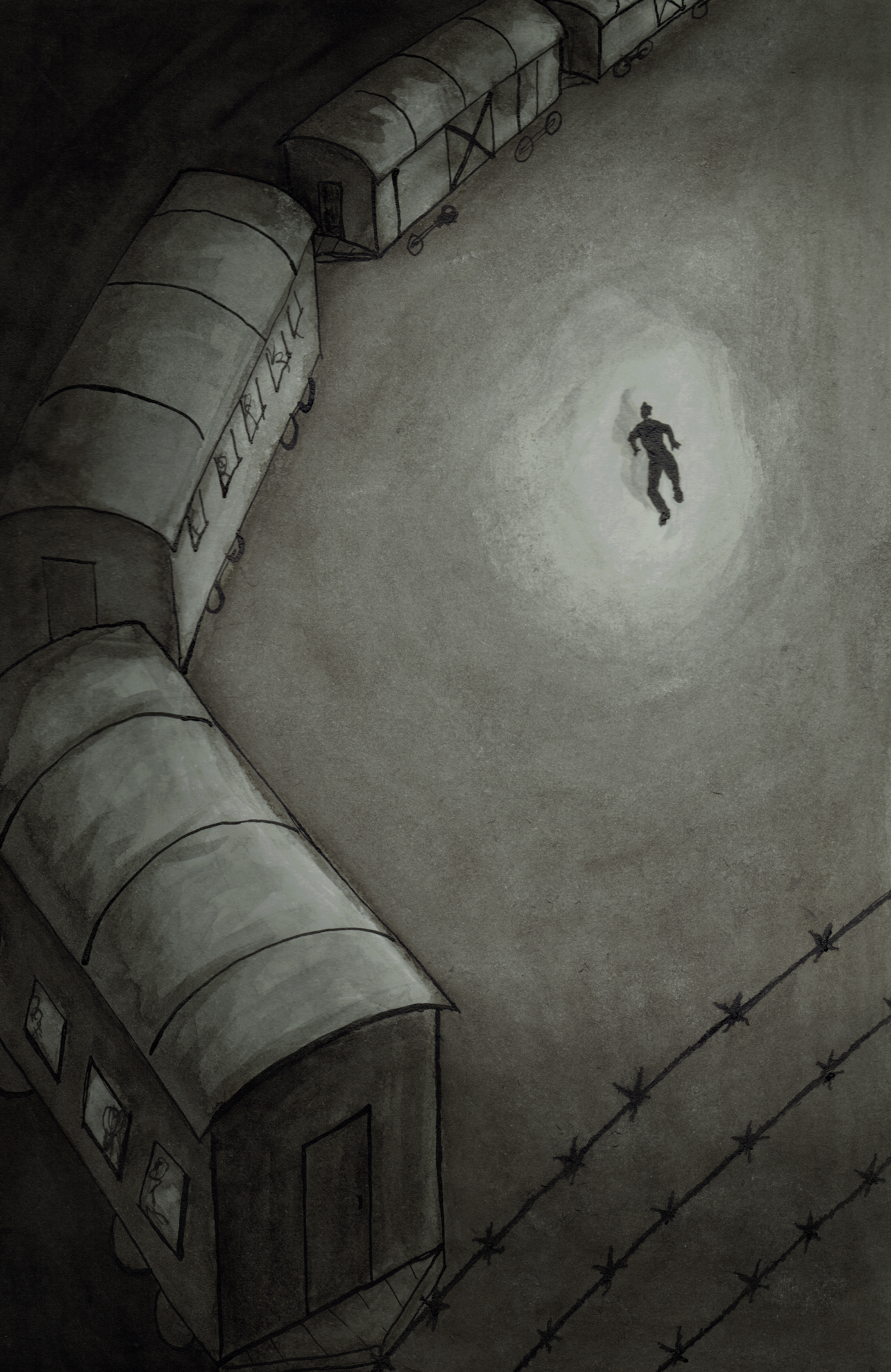 Original Sumi ink drawing of man running to catch a train