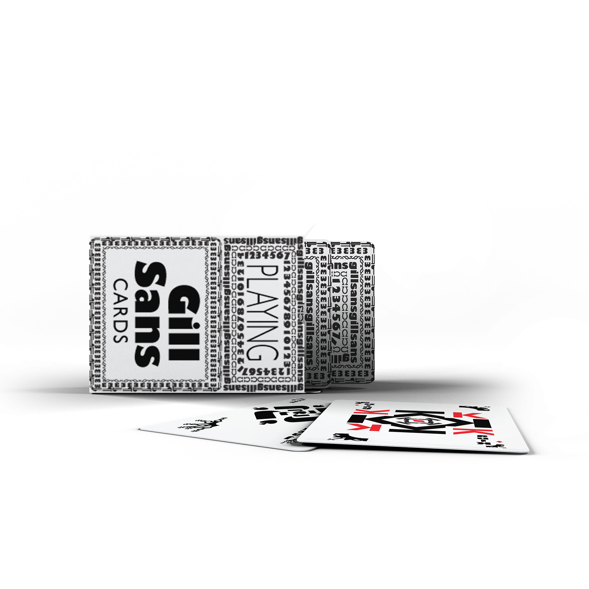Gill Sans | Playing CardsĀ a package of cards lying on side with two cards on table.