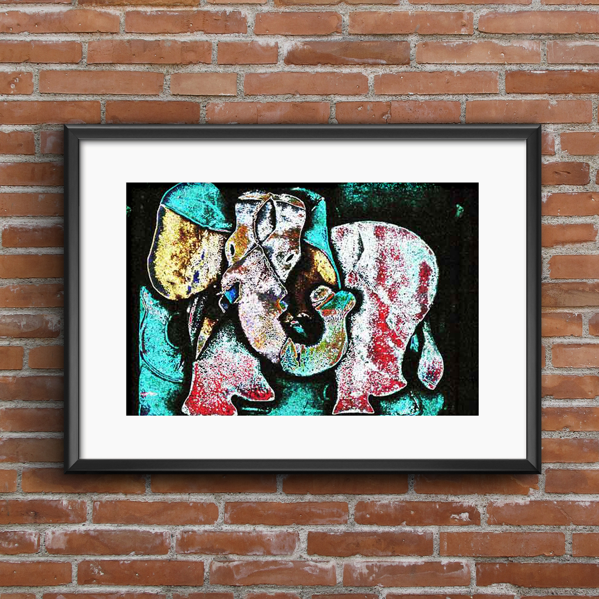 Mechanical Animal | Stencil Print manipulated in Adobe Photoshop hanging on brick wall