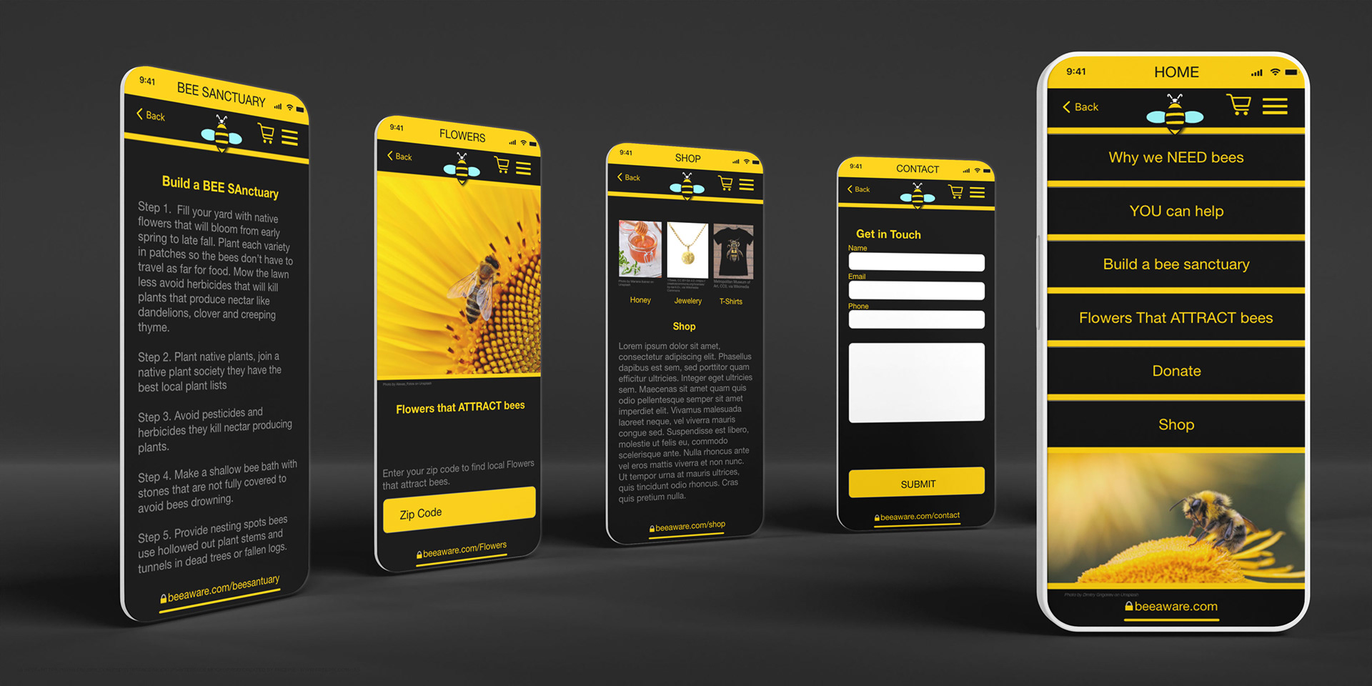 Photoshop mockup of Home, Contact, Shop, Flowers That Attract Bees, Bee Sanctuary pages