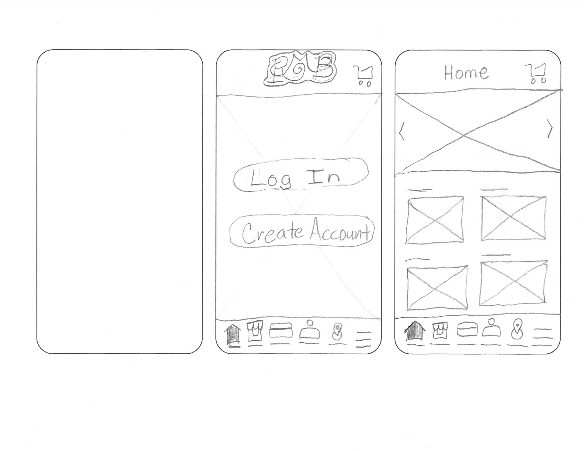Home and Log-in screens paper wireframe