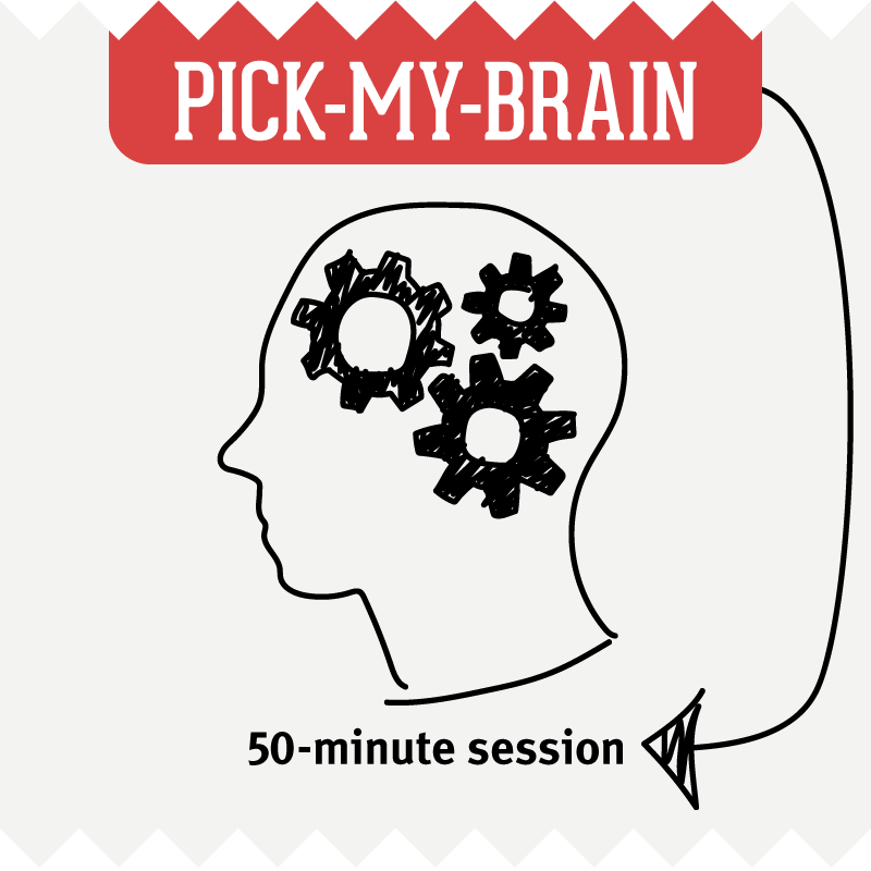 Pick-My-Brain Session graphic with head and gears illustration