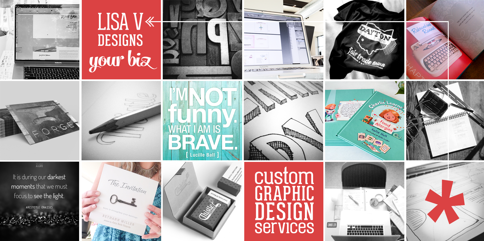Photo collage of sketches and custom graphic design work by LisaVdesigns