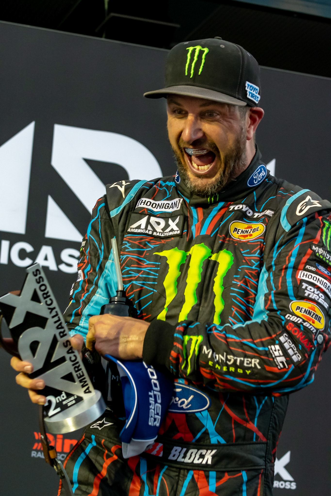 Ken Block, Ford driver with Hoonigan Racing, on the podium at Circuit of the Americas after taking 2nd place during ARX racing on July 14th, 2018.