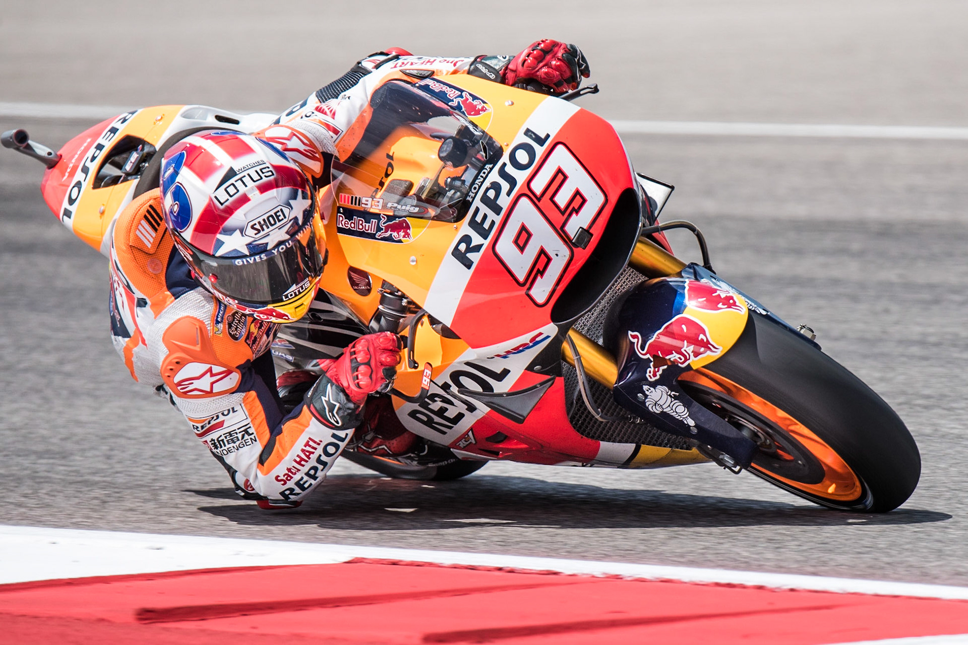 Marc Marquez of MotoGP team Repsol Honda seen during the Red Bull Grand Prix of the Americas at Circuit of the Americas on April 10th, 2016. Marquez went on to win the race for the fourth year in succession.
