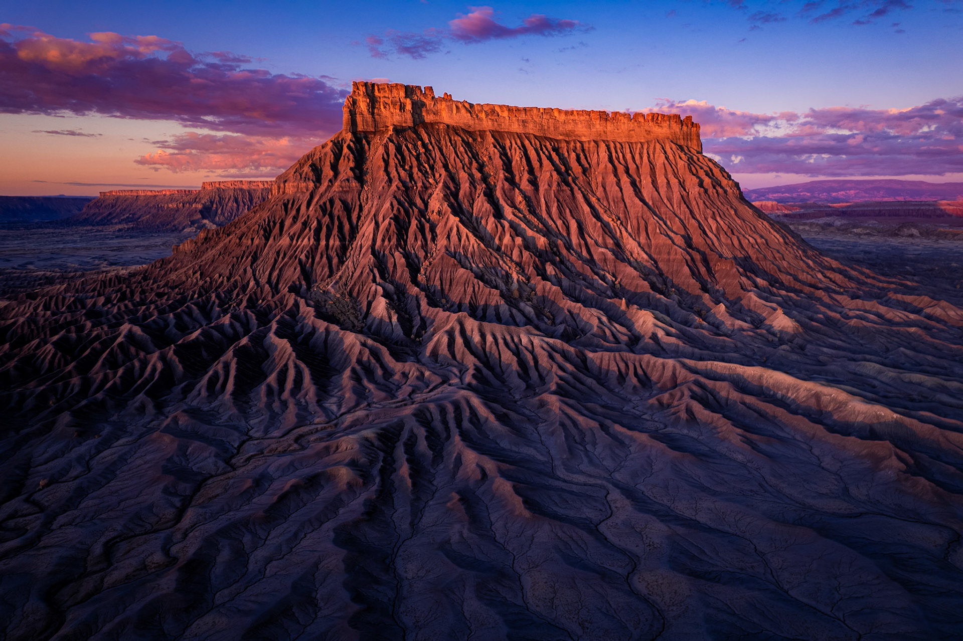 An aerial image of a prominent butte near Hanksville, Utah taken on Wednesday, October 5th, 2022.