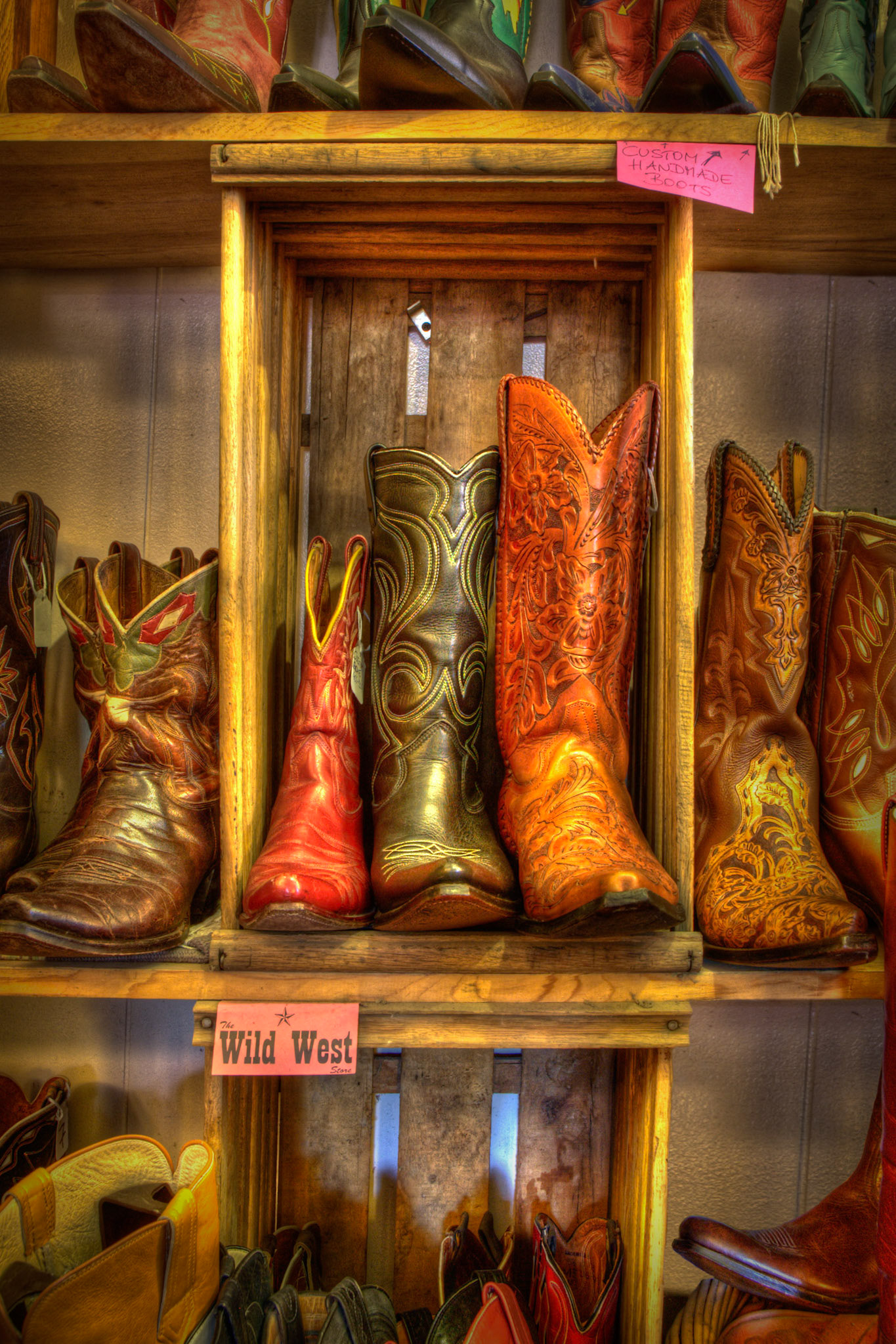 A display of vintage cowboy boots at the Wild West Store in Wimberley, Texas.