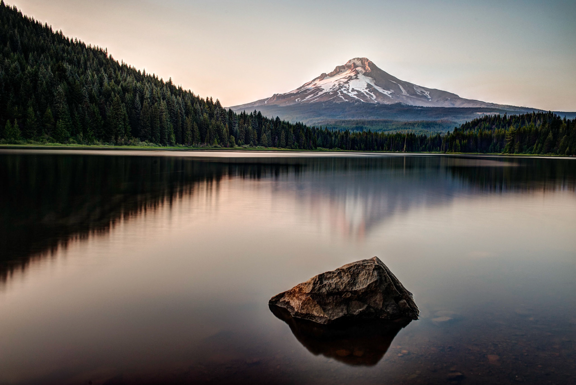 Mount Hood seen reflected in Trillium Lake, Oregon on a still August evening.