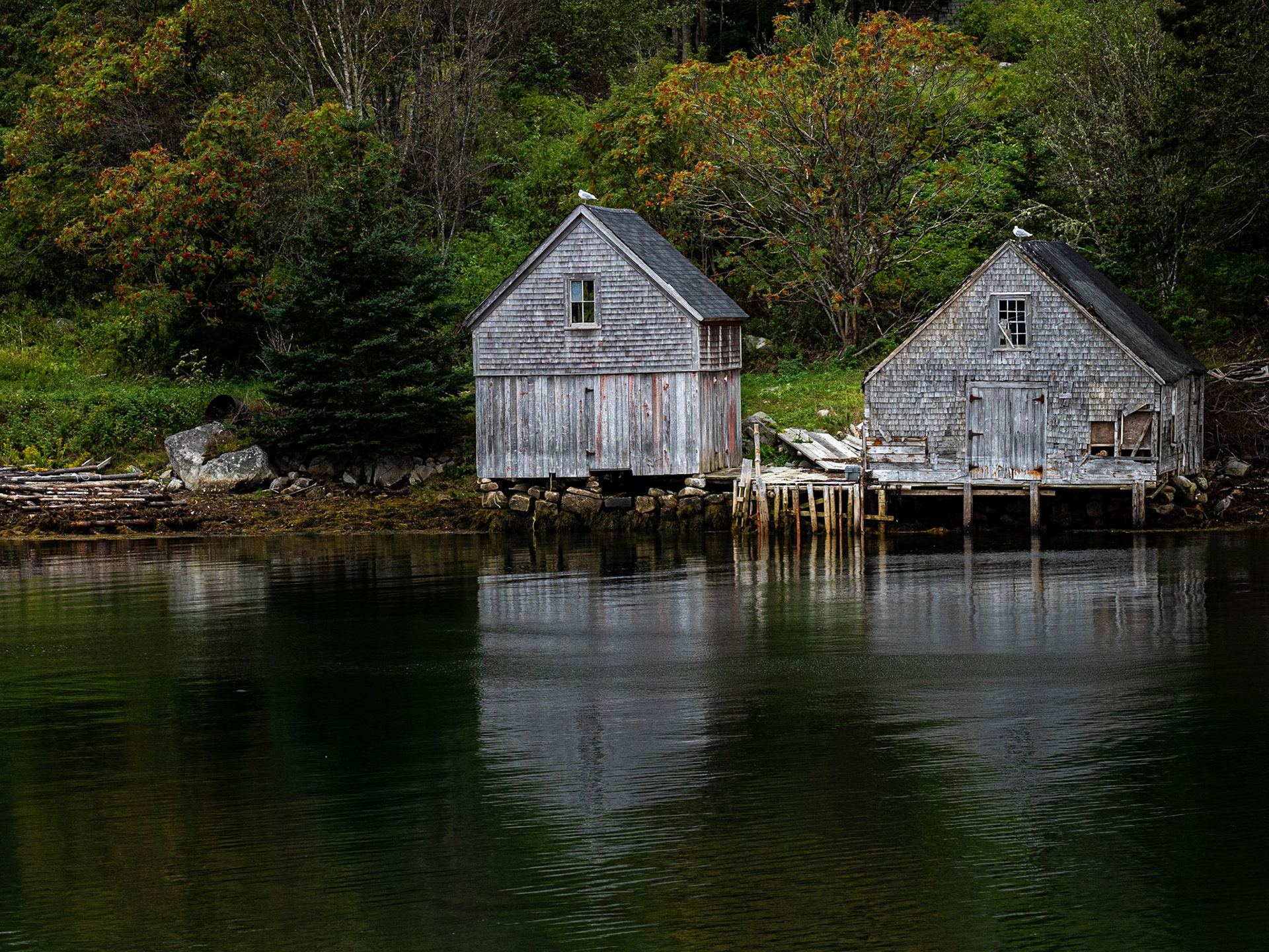 Buildings at an old fishing wharf near Peggy's Cove, Nova Scotia in Canada.