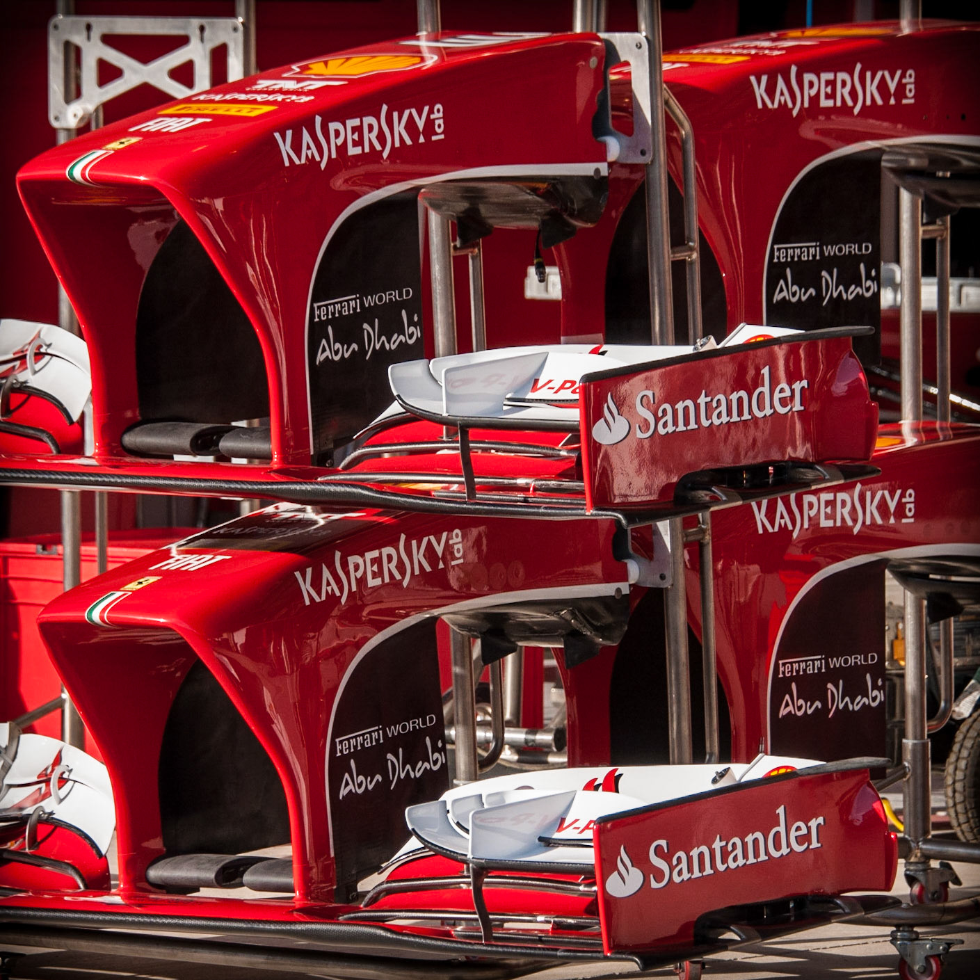 A collection of Ferrari Formula 1 car noses seen in the pit lane garage during preparations for the 2013 United States Formula 1 Grand Prix at Circuit of the Americas.