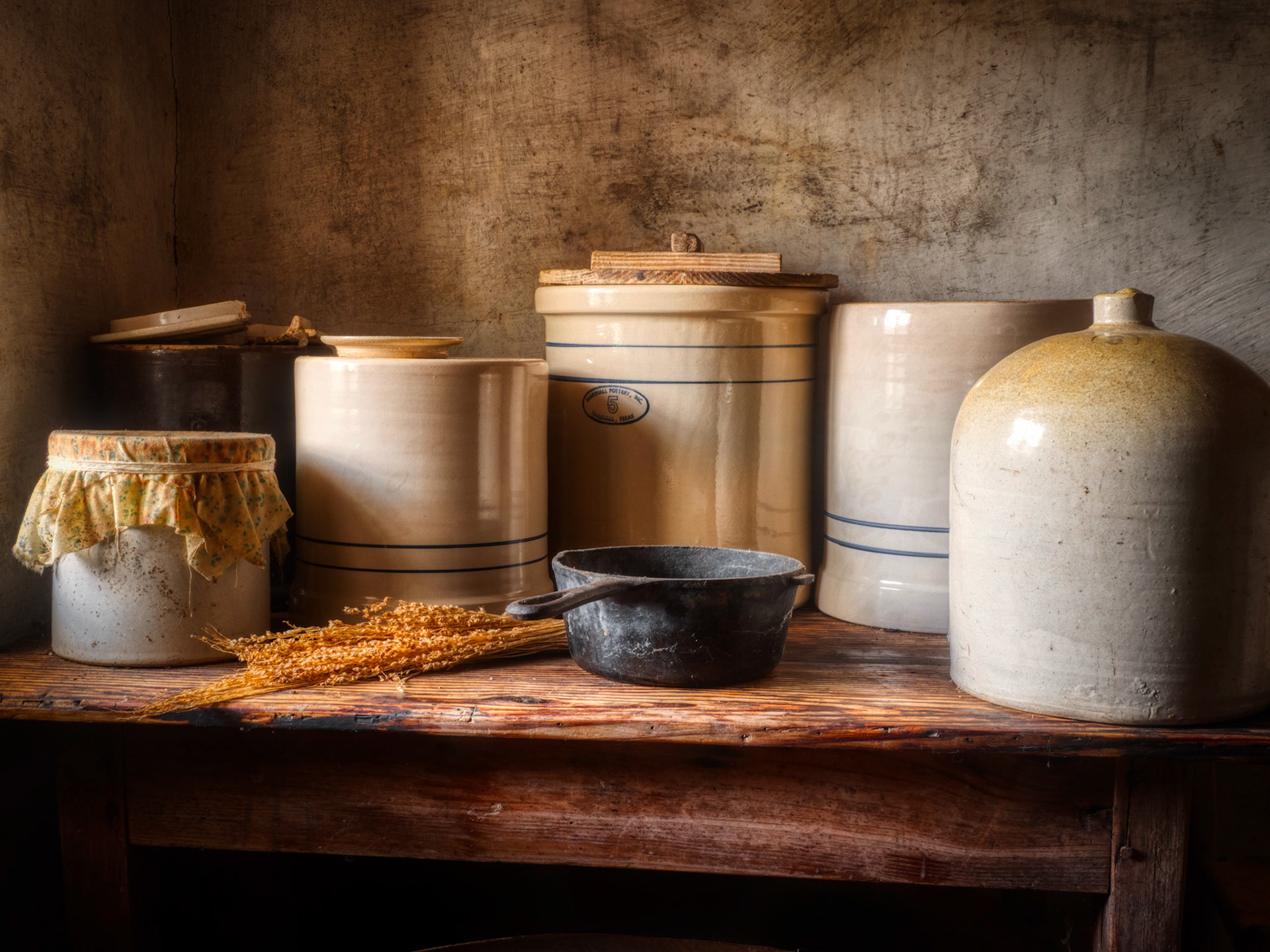 A collection of storage jars seen at the Sauer Beckmann Living History Farm at Lyndon Baines Johnson State Park near Johnson City, Texas.
