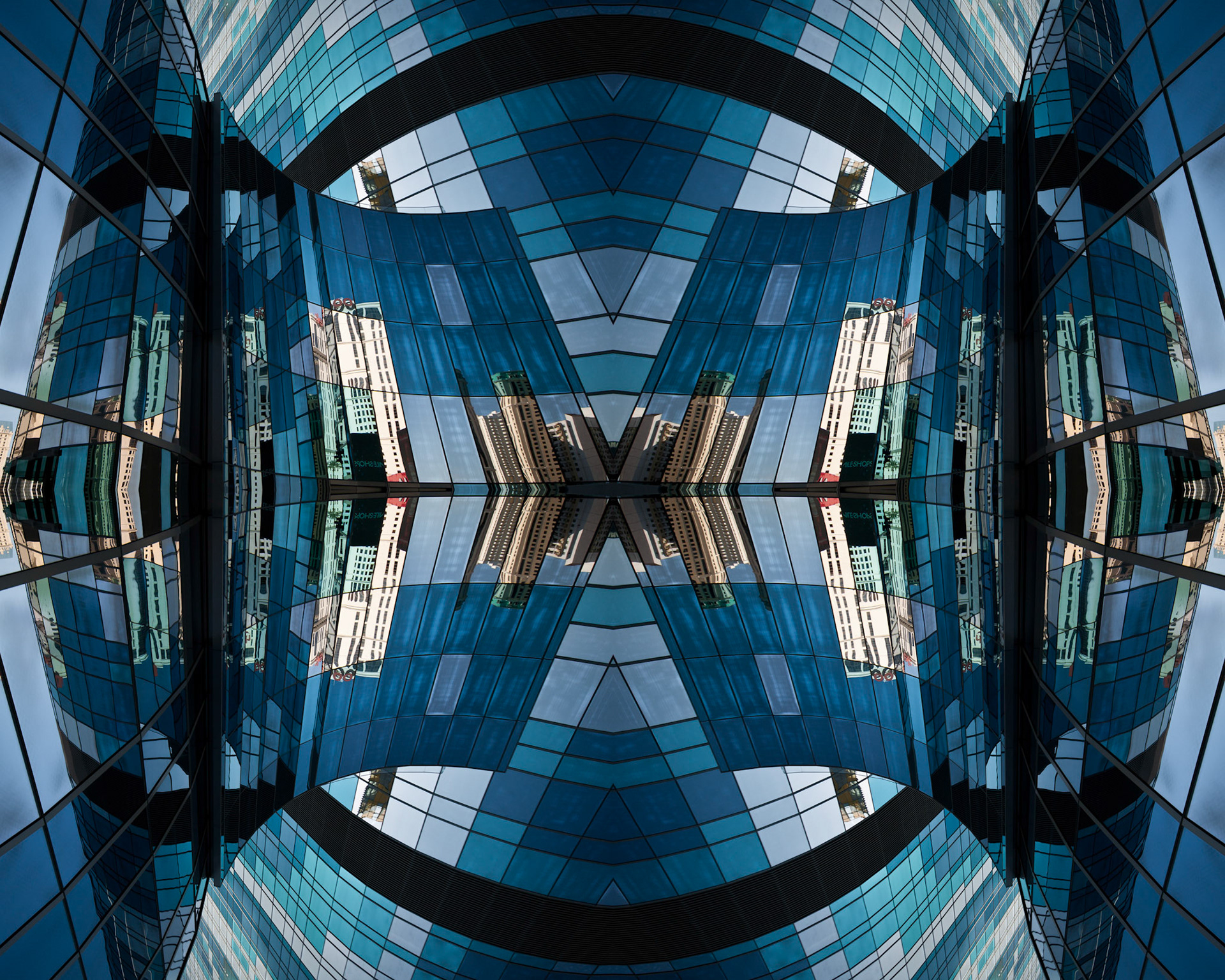 Reflections in the glass wall of one of the buildings in the City Center complex in Las Vegas, Nevada.