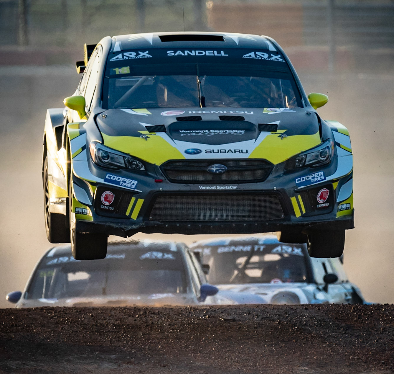 Patrik Sandell airborne in his Subaru during ARX racing at Circuit of the Americas.