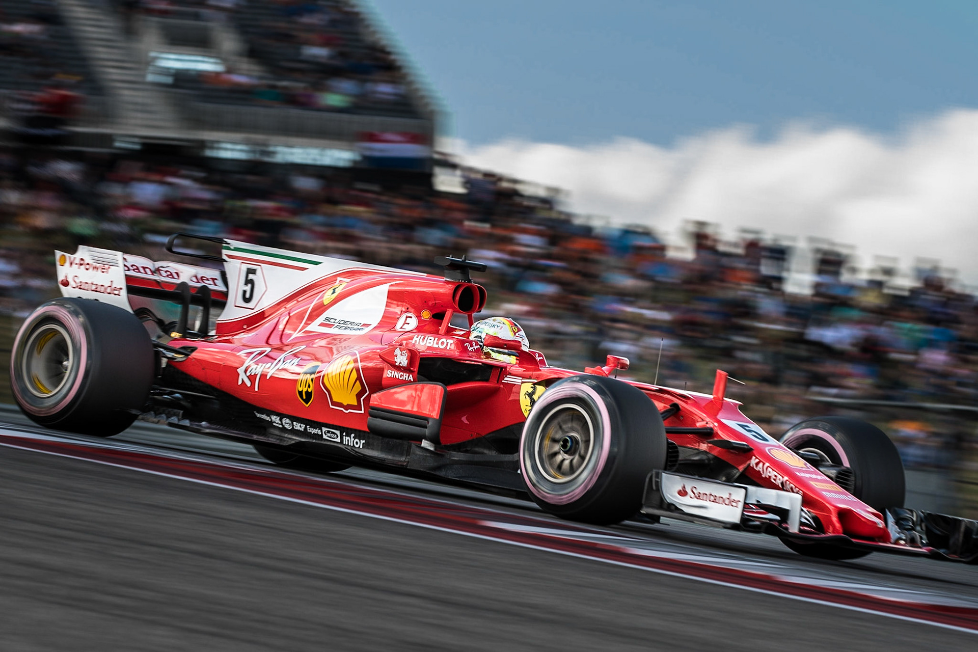 Sebastian Vettel of Ferrari at turn 1 of Circuit of the Americas in Austin during practice prior to the 2017 United States Grand Prix.
