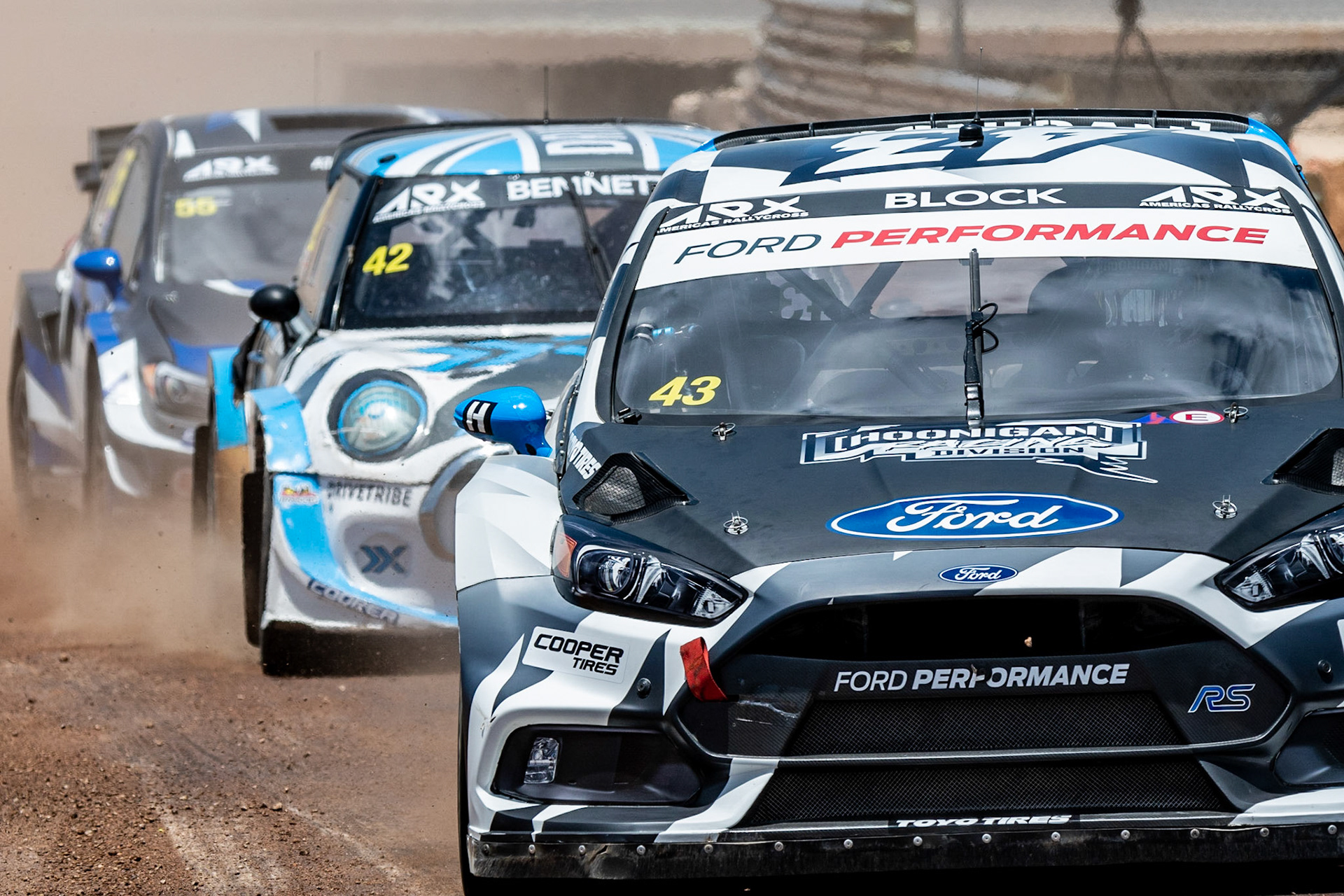 Ken Block of Hoonigan Racing leads the pack during one of the qualifying rounds of ARX racing at Circuit of the Americas in Austin on Saturday, July 14th, 2018.