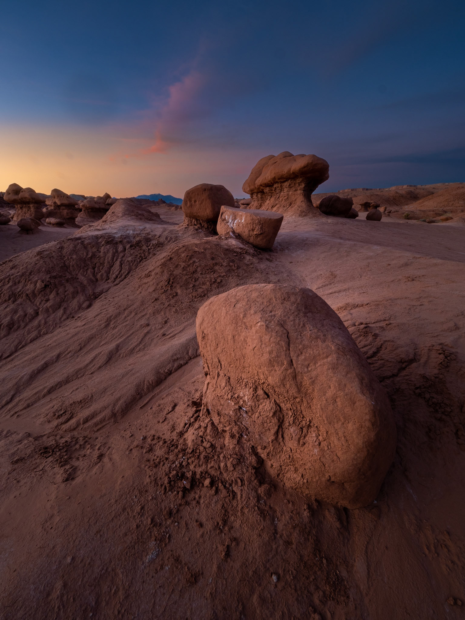 Hoodoos at Goblin Valley State Park near Hanksville, Utah as seen at sunrise on November 6th, 2021.