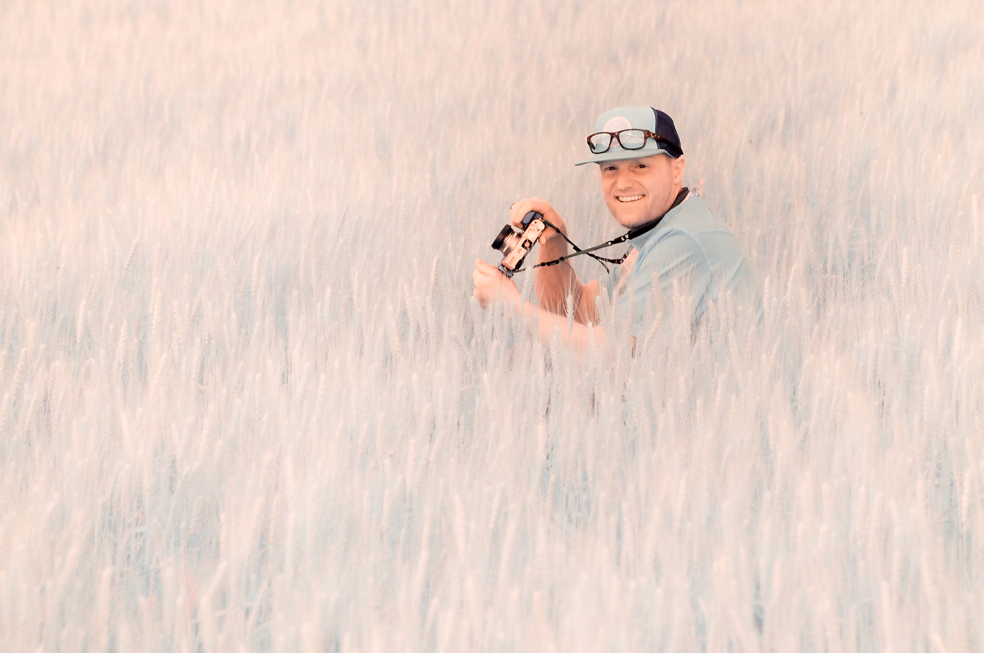 An infra-red shot of Justin Balog in a wheat field in the Palouse during our 2015 NxNW expedition to Washington state.