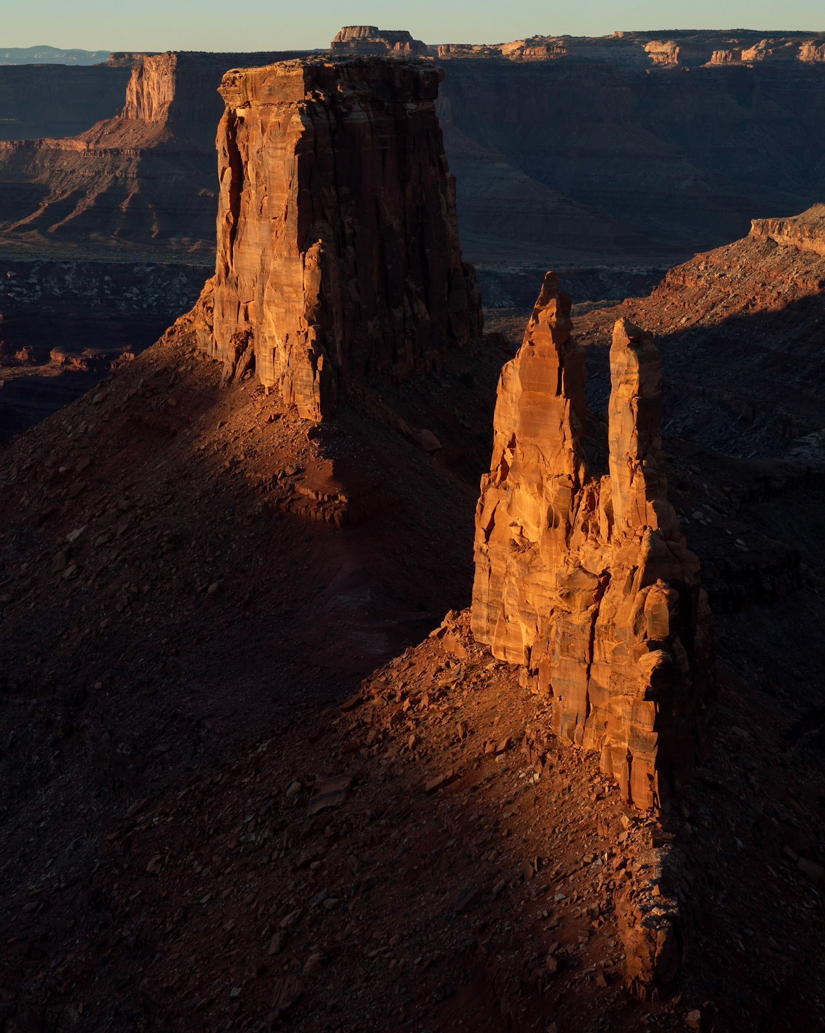 Two spires at Marlboro Point, Utah seen shortly after sunrise on November 4th, 2021.