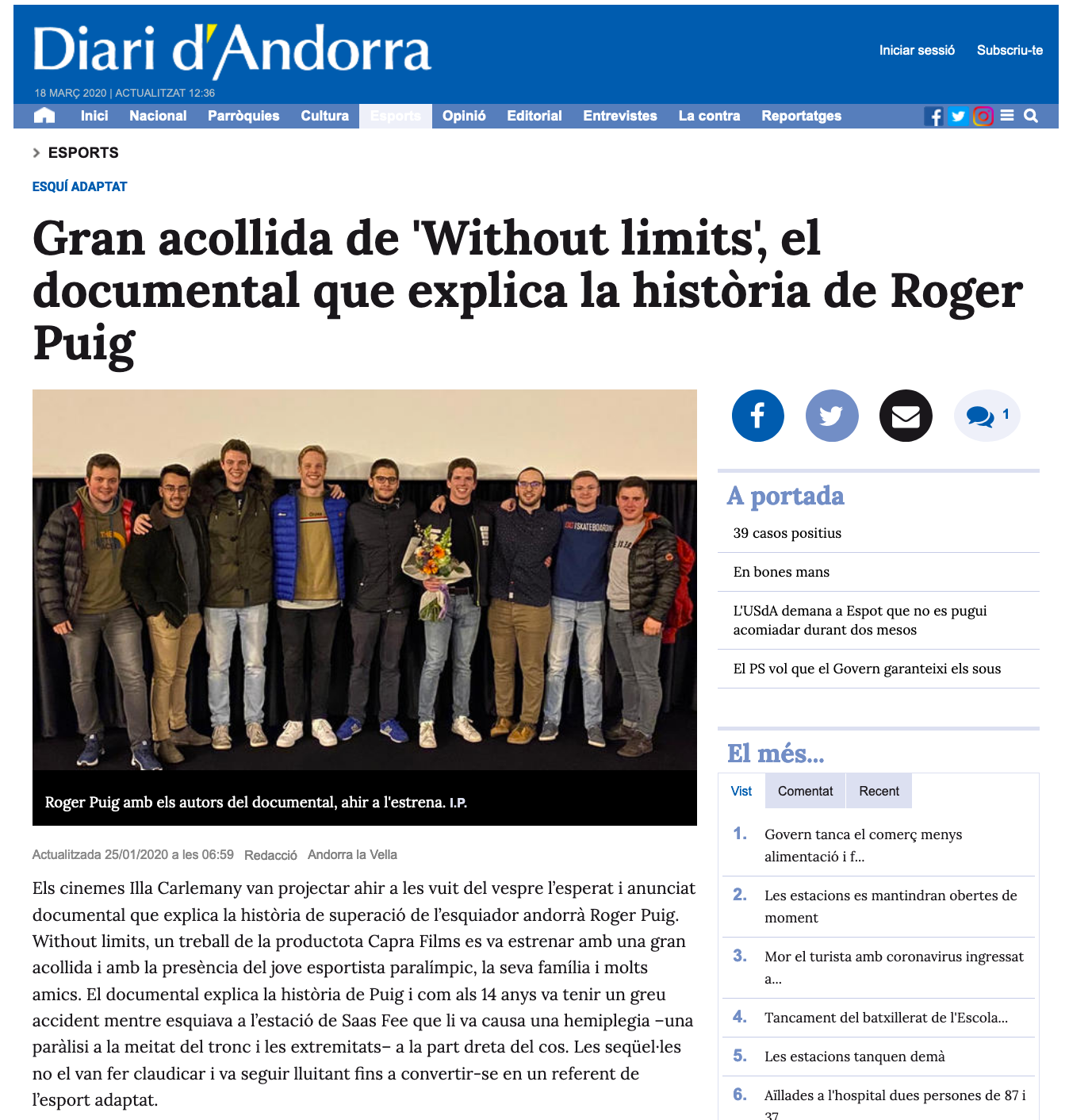 Article per part del Diari d'Andorra