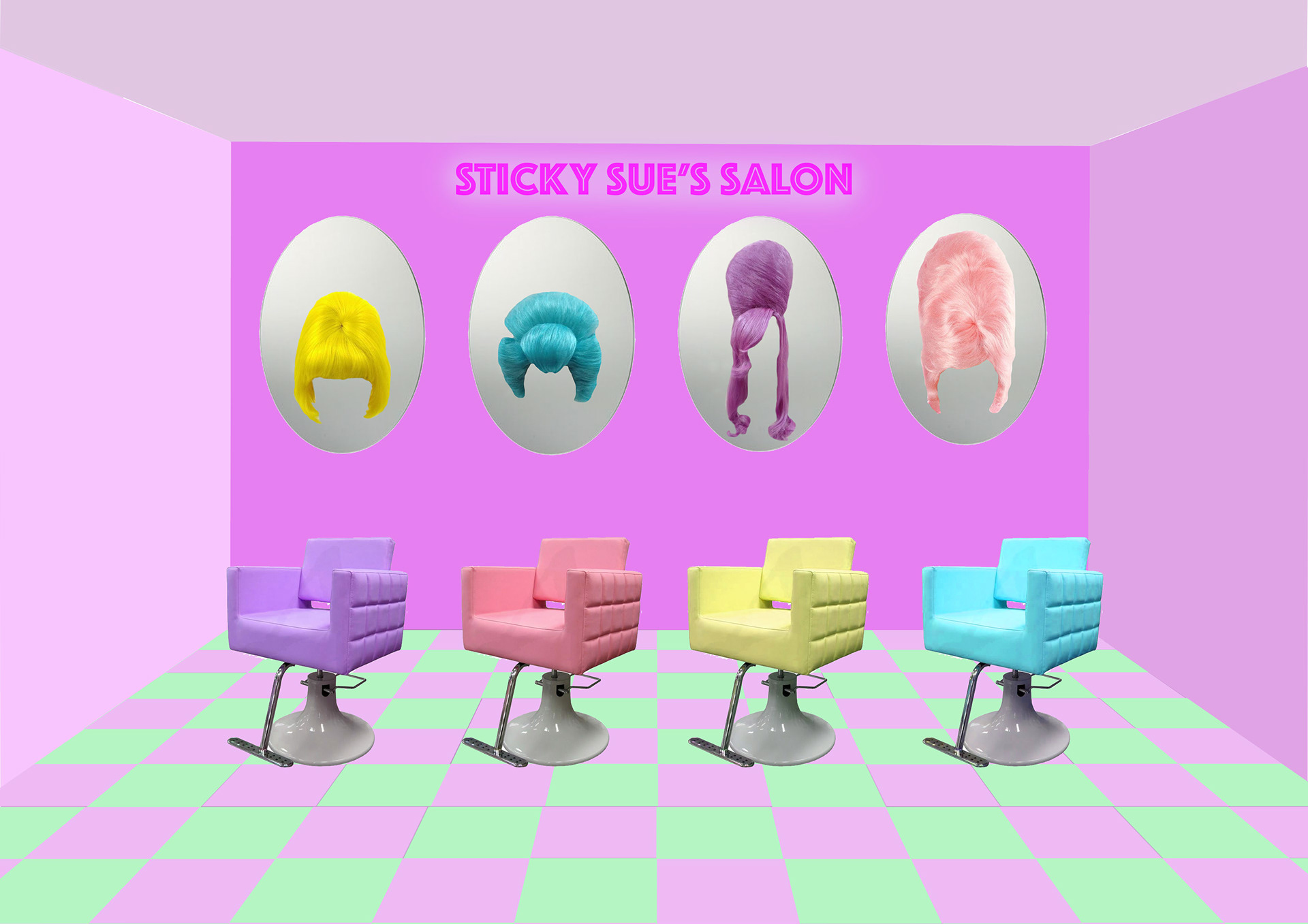 'Sticky Sues Salon' Audience Sit down and actors give them wigs to put them in