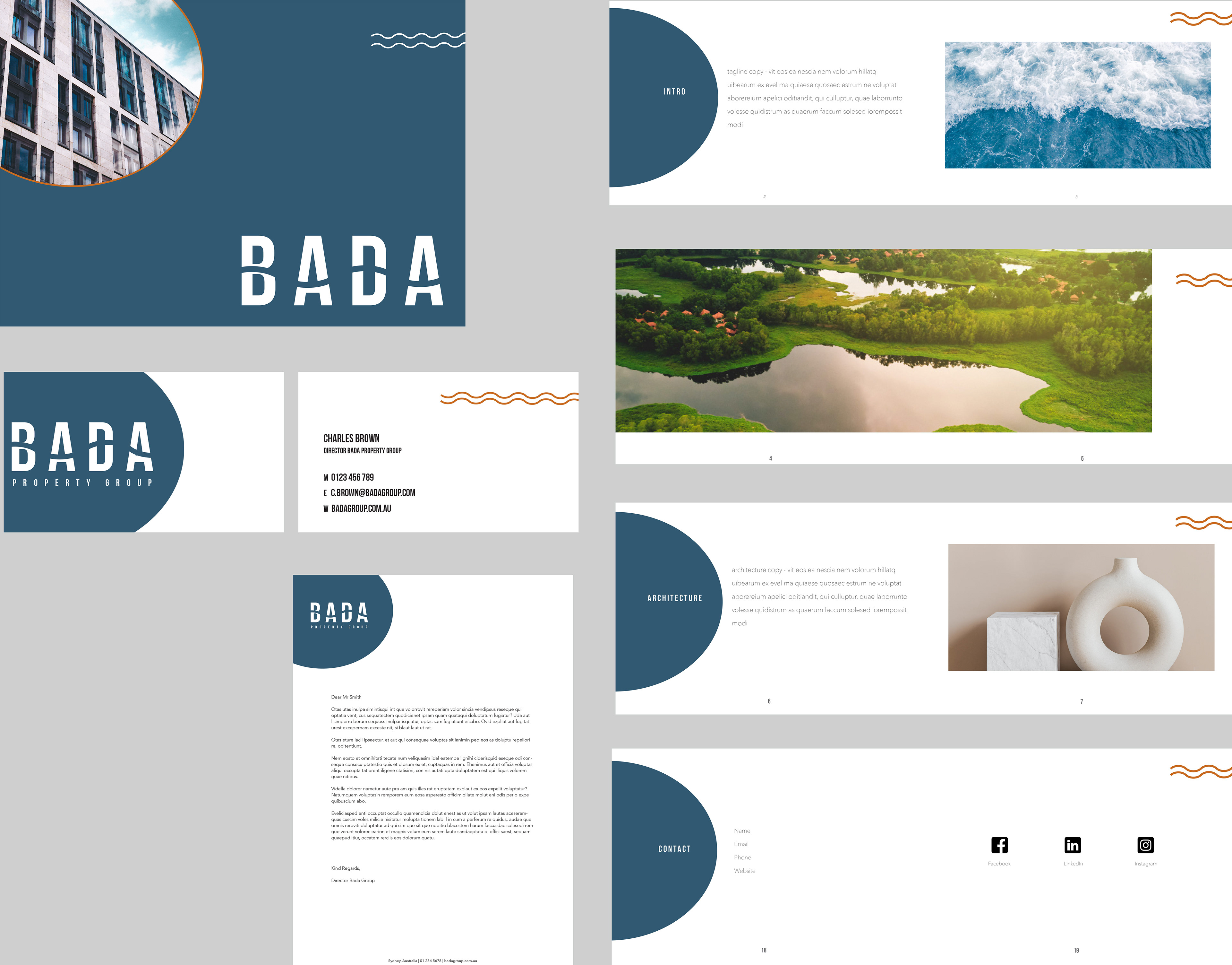 Bada Property Group (Mock Client. Branding collateral, Letterhead, Business Card, Brochure Pages)