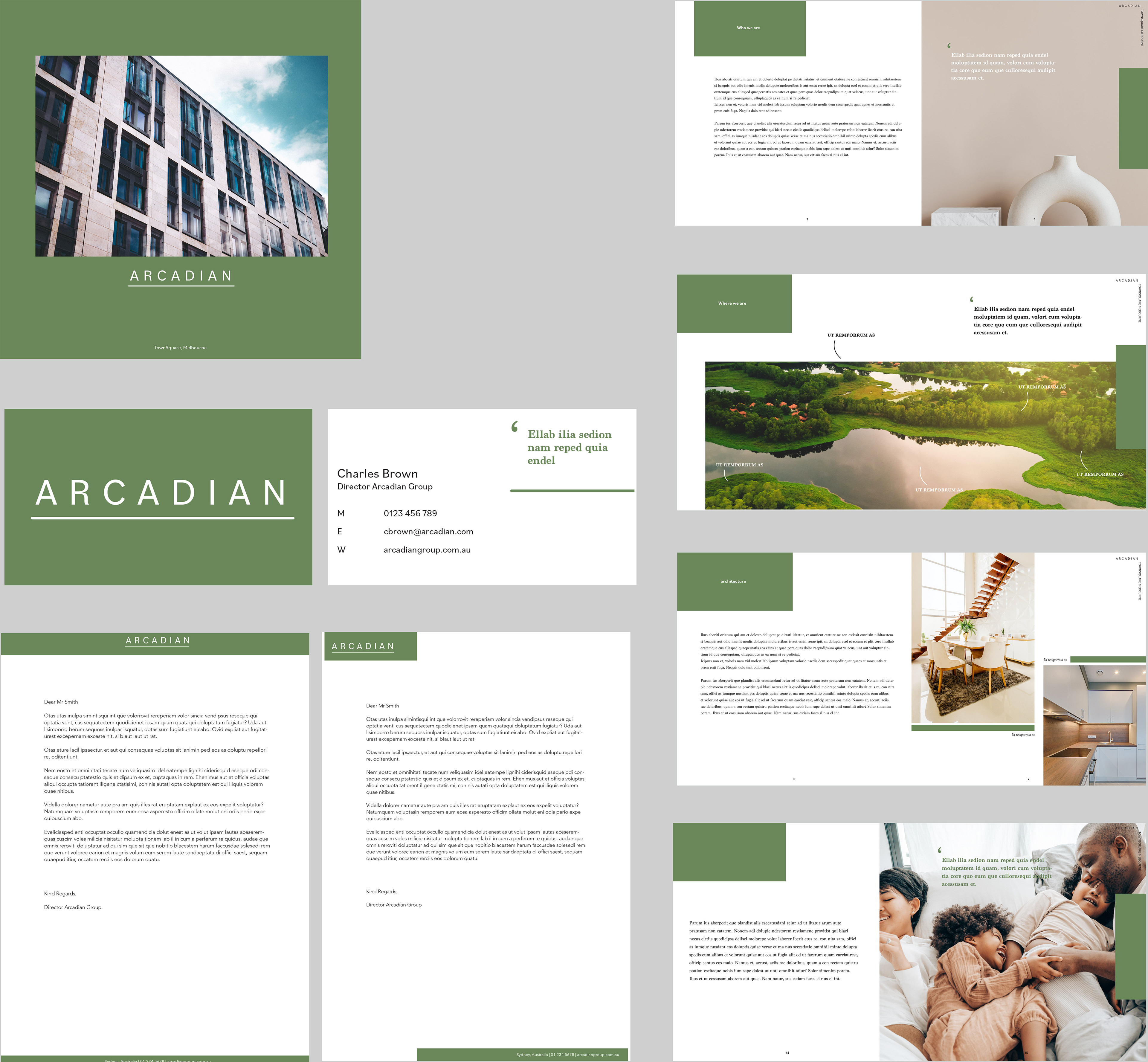 Arcadian Property Group (Mock Client. Branding collateral, Letterhead, Business Card, Brochure Pages)