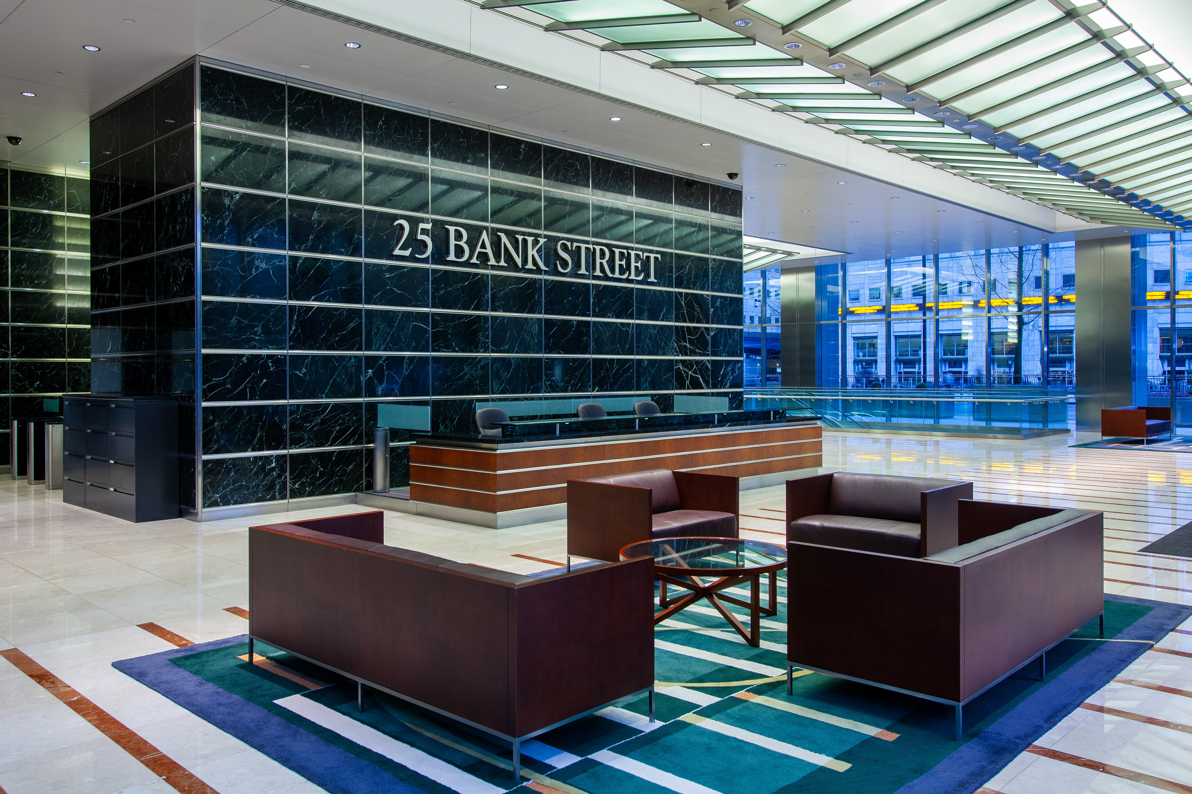 Reception area at 25 Bank Street, Canary Wharf, London