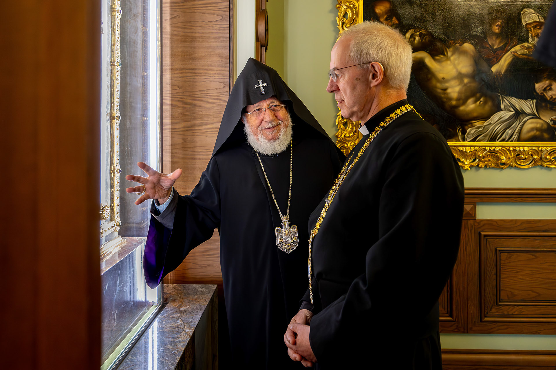 The Most Revd and Rt Hon Justin Welby, Archbishop of Canterbury is shown priceless artefacts during his visit to His Holiness Karekin II, Catholicos of All Armenians at the Mother See of Holy Etchmiadzin in Armenia