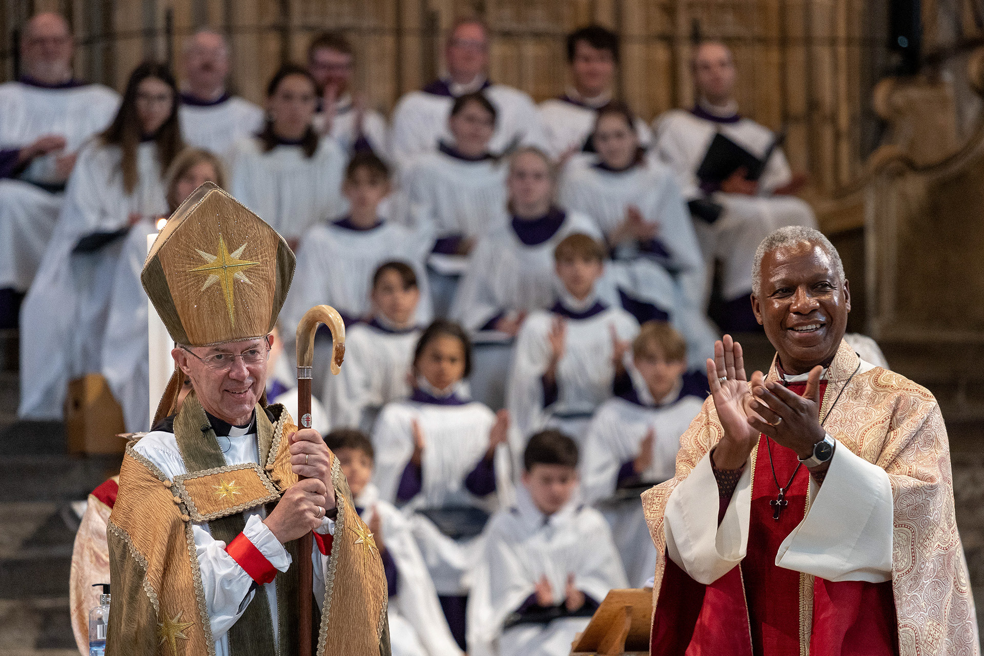Thabo Makgoba, Archbishop of Cape Town, gives the thanks to Justin Welby, Archbishop of Canterbury, at the end of the Closing Service of the 2022 Lambeth Conference