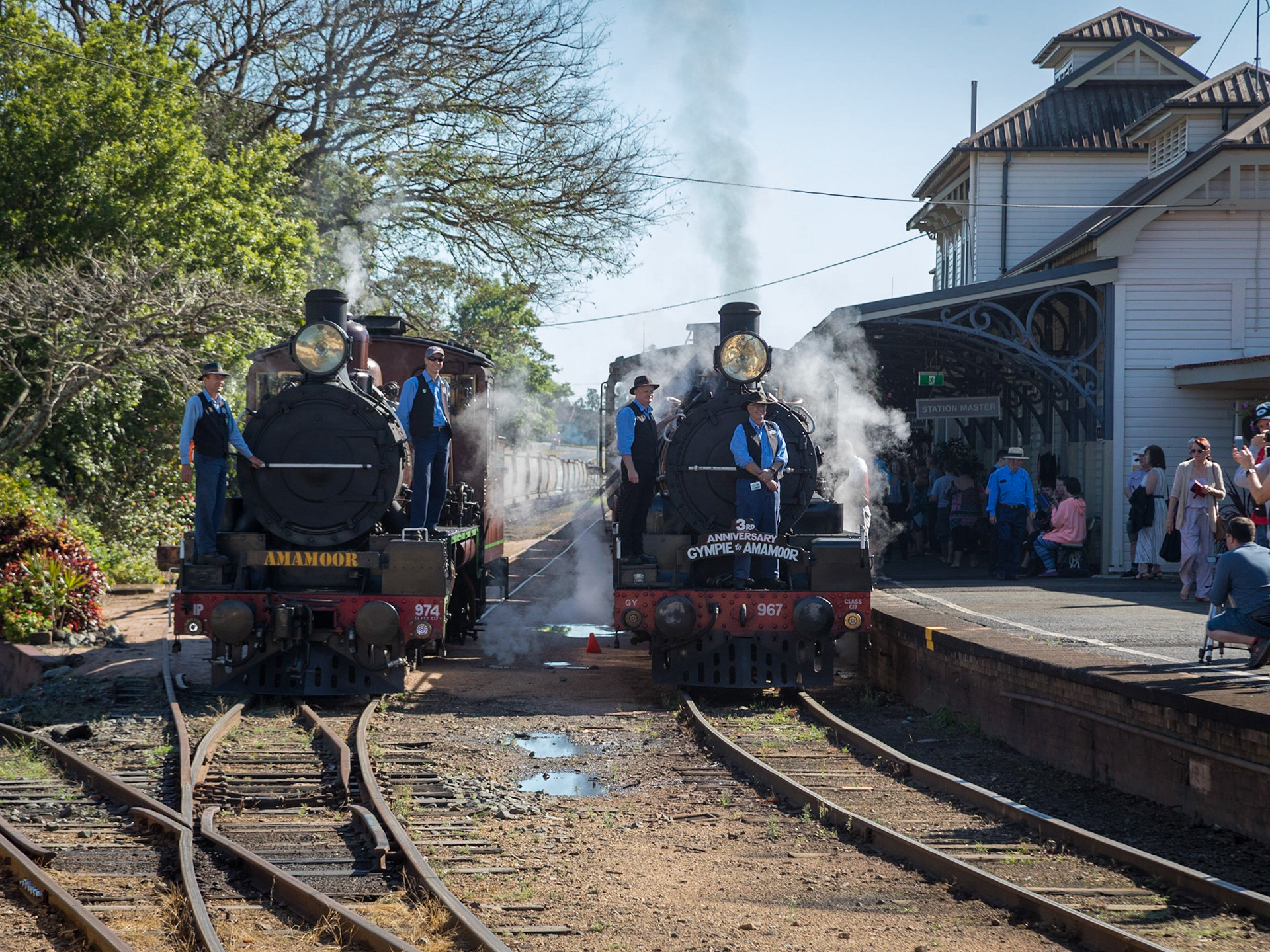 Mary Valley Rattler 3rd Anniversary commemorative photo being taken at the Old Gympie station