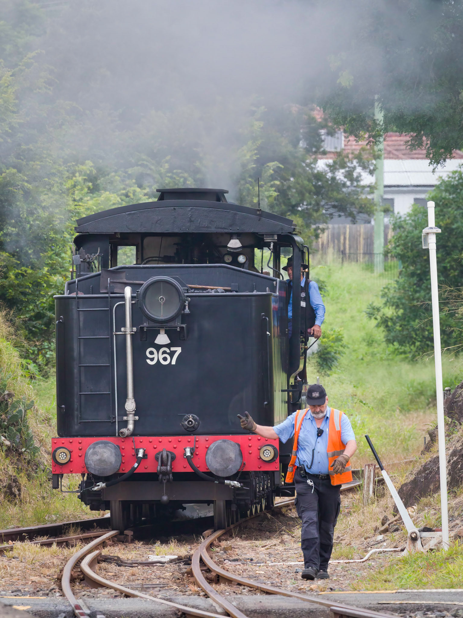 Locomotive being backed up to its position at the front of the train.