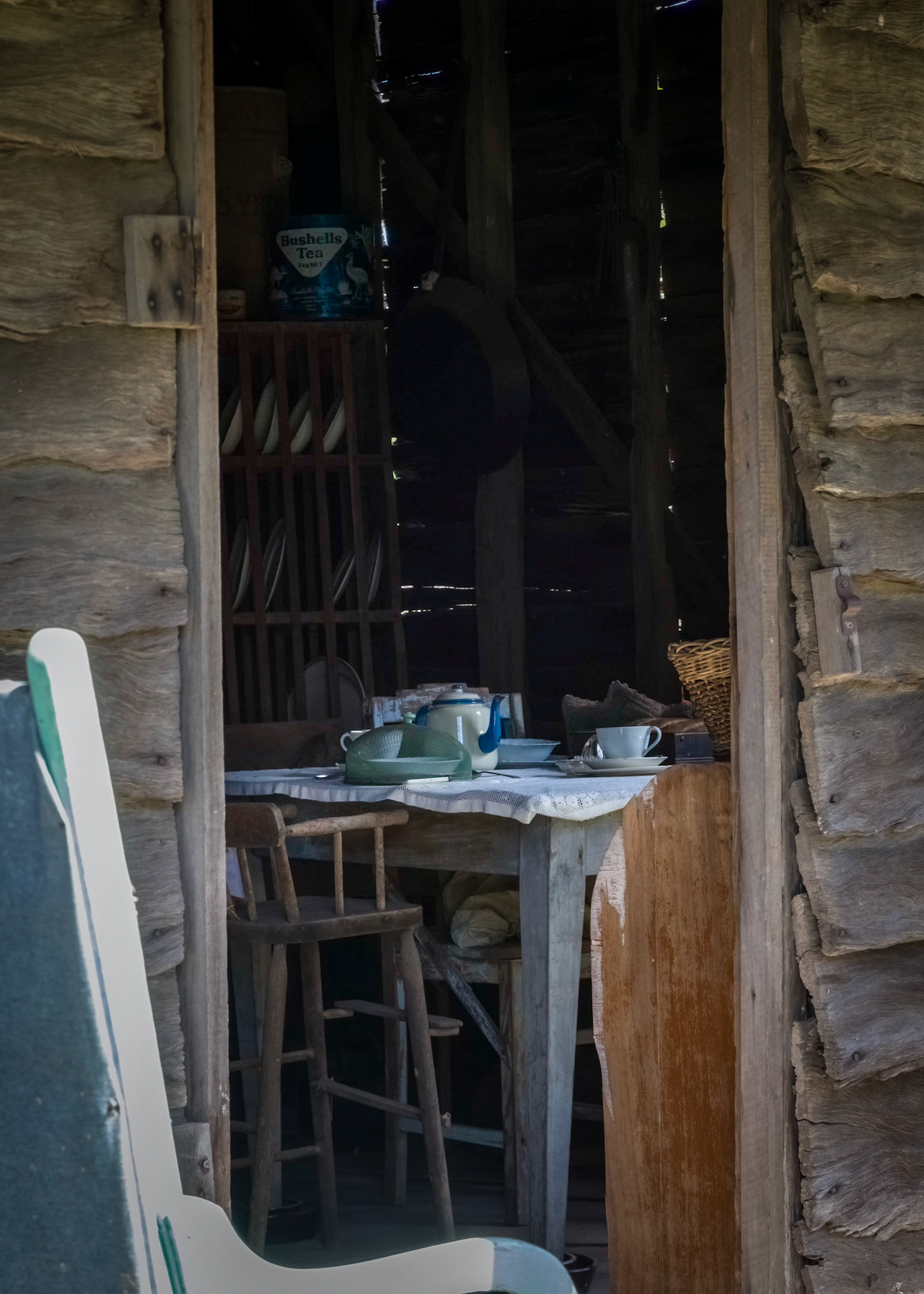 A look through the door into Kidd's hut.