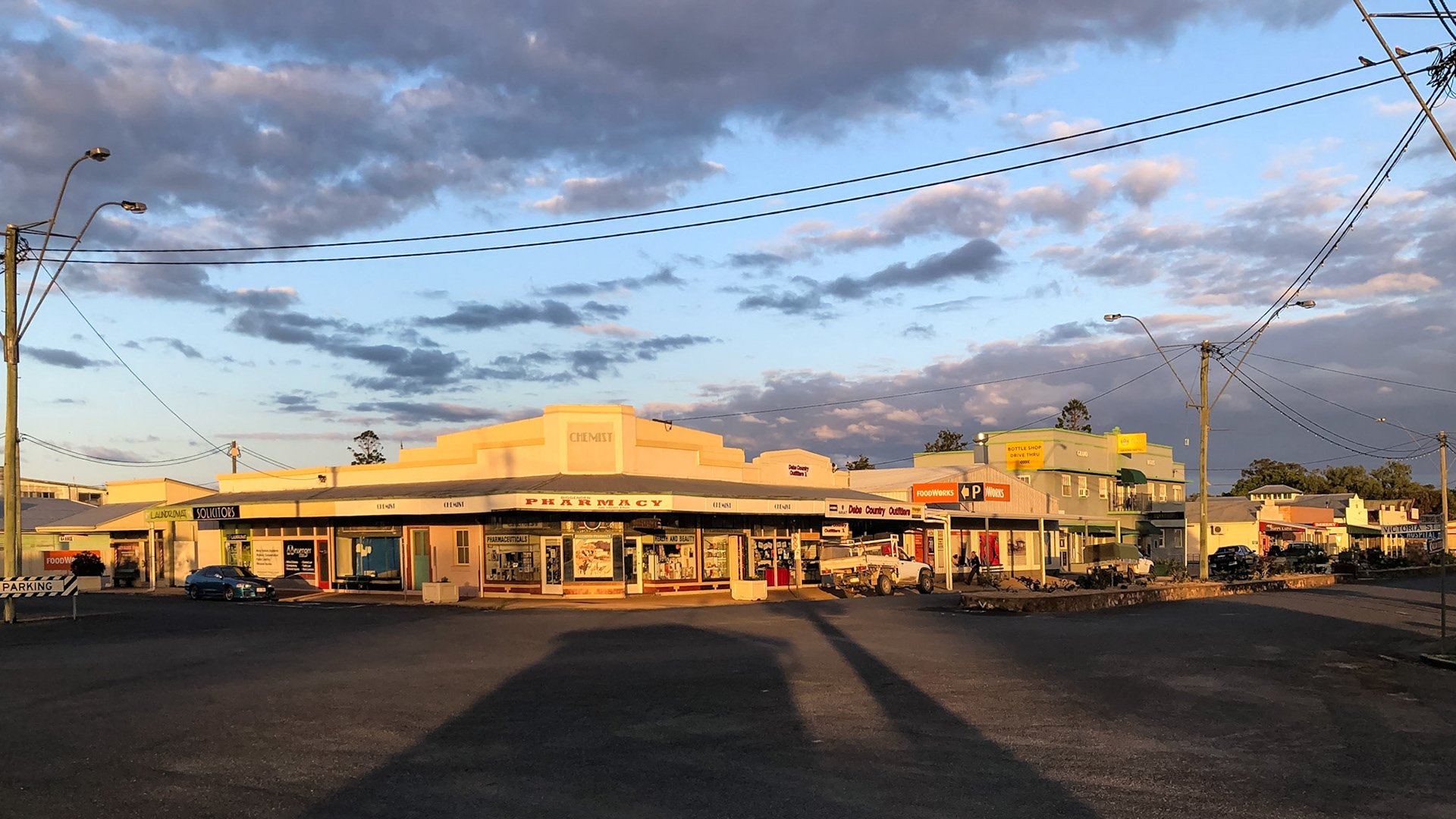 Biggenden main street illuminated by late afternoon sunshine