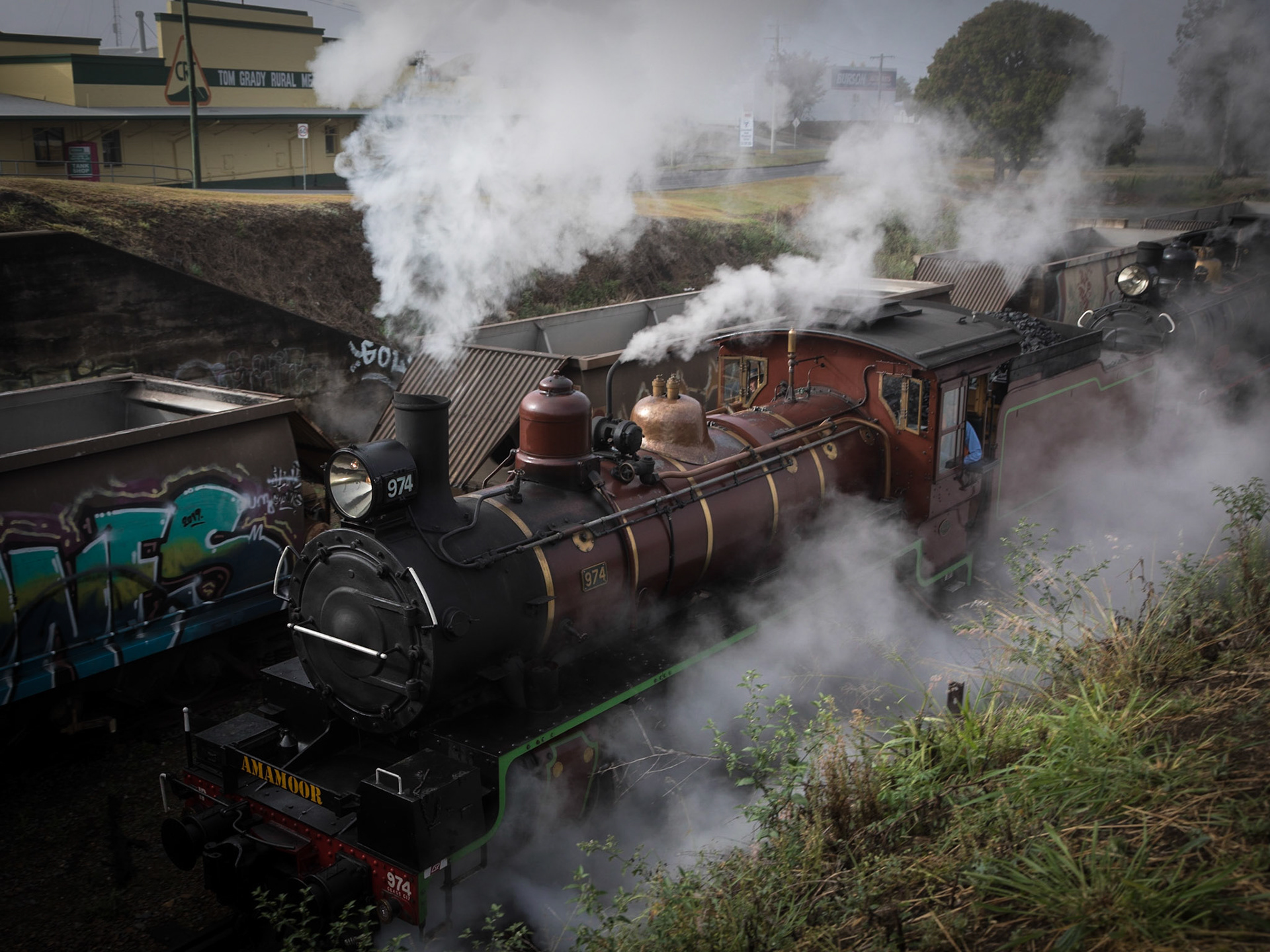 Steam locomotives 974 and 967 doubled, being brought up to the Old Gympie Station