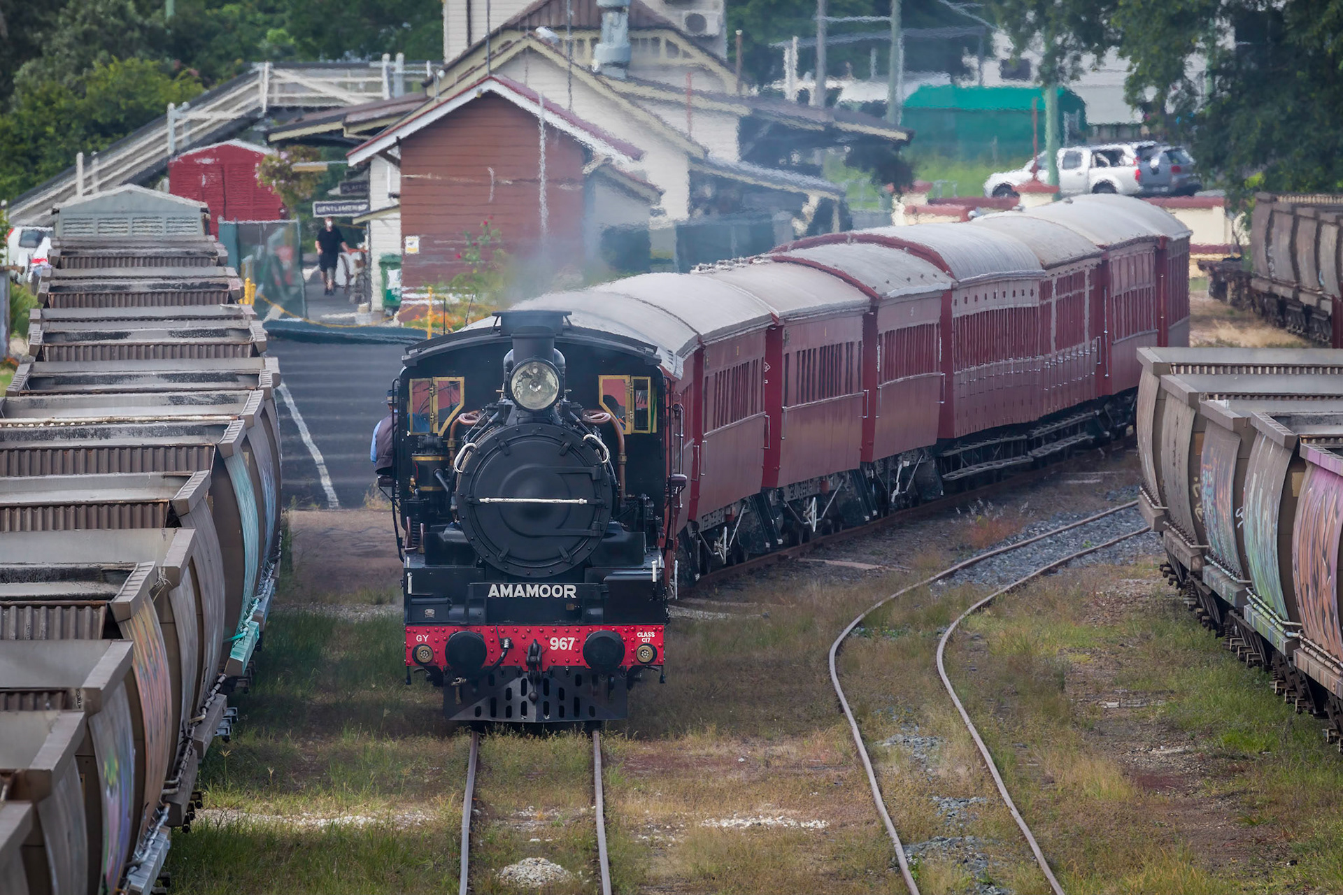 Backing the train carriages up to the station platform.