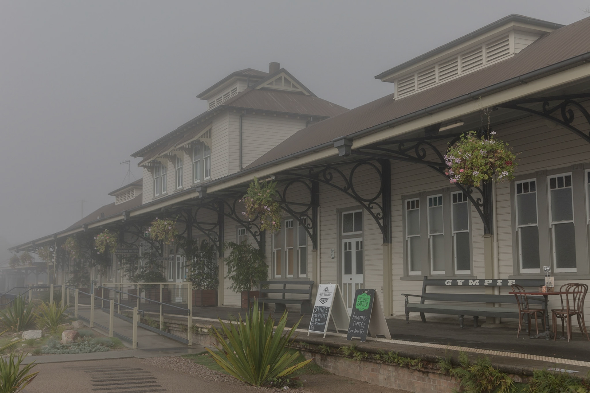 The Historic Old Gympie Station, shrouded in morning fog