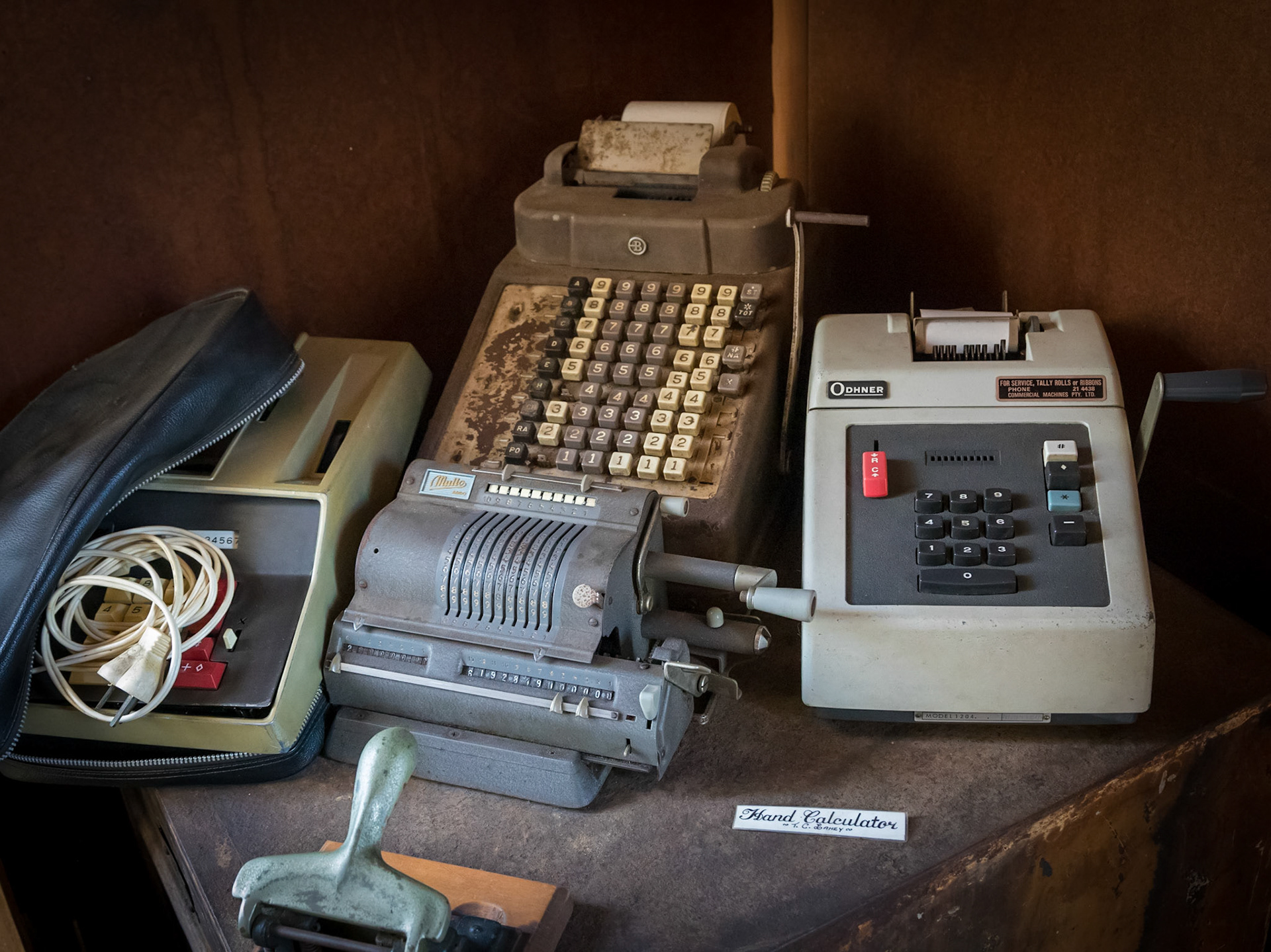 Old calculator machines, in the former Woocoo Shire Council Chamber.