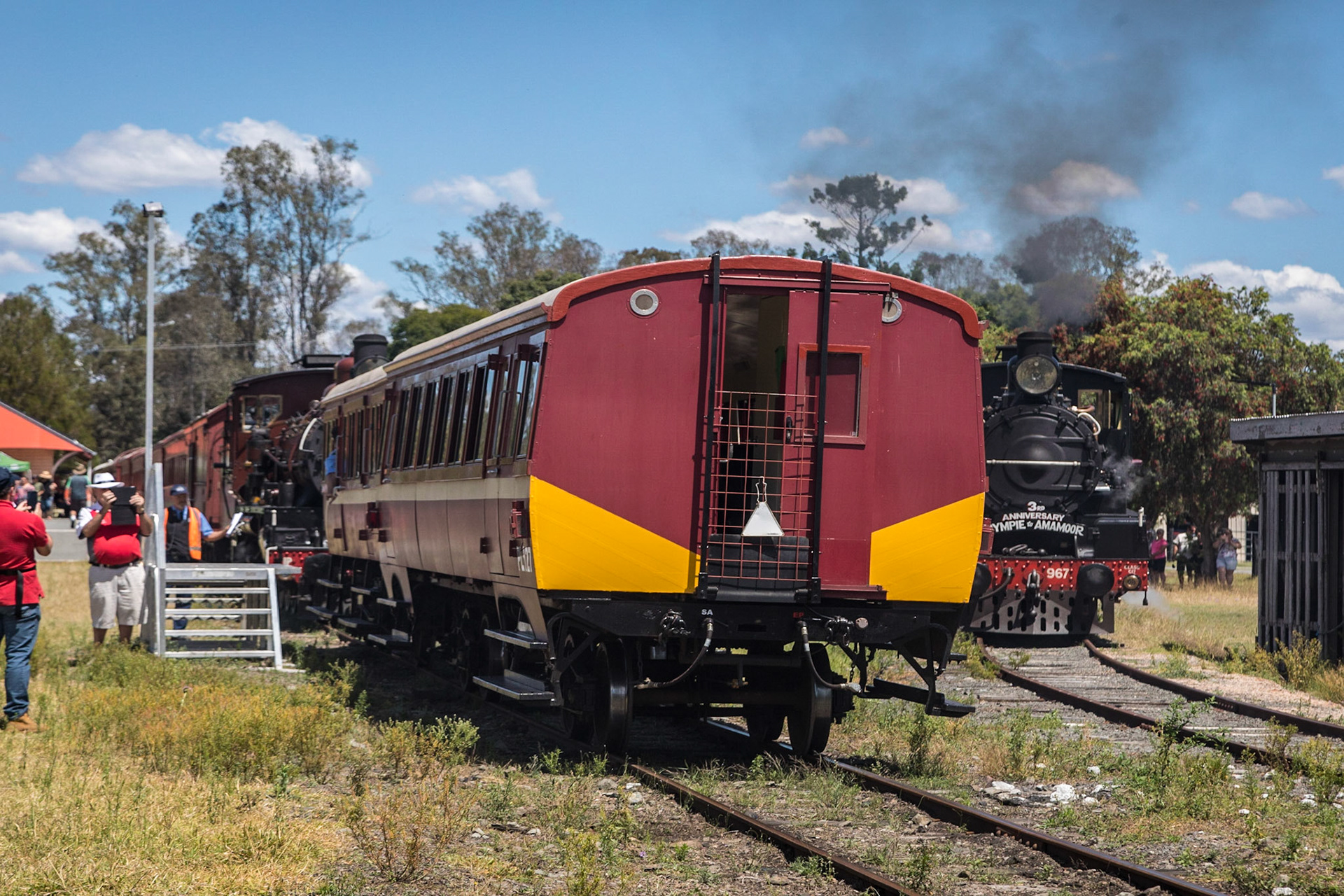 C17 steam locomotives No 967 &amp; 974, and Rail Motor RM78 together at Amamoor after their runs down from Gympie